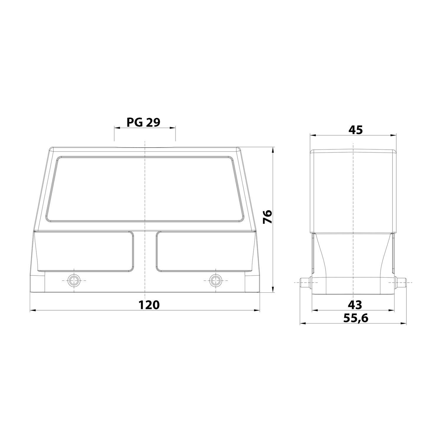 Technisches Diagramm eines Objekts mit Abmessungen: Breite 120, Höhe 76, Tiefe 45. Die Vorderansicht hat Komponenten mit einer Breite von 43 und 55,6.