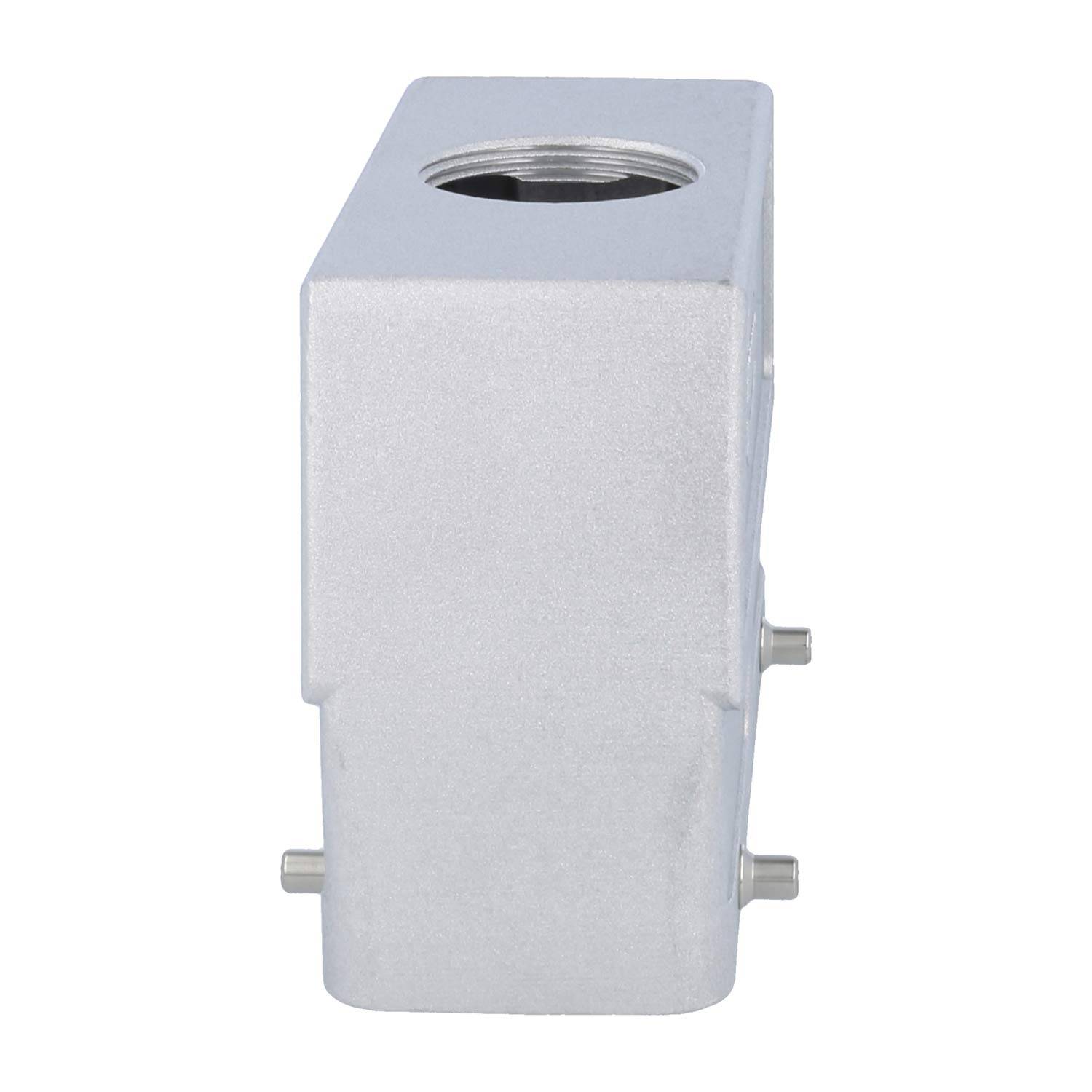 Silbernes Metallgehäuse rechteckiger Form mit kreisförmiger Öffnung oben, wahrscheinlich zur Umschließung von elektrischen Komponenten verwendet.