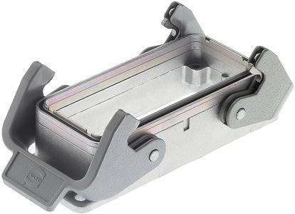 Eine graue metallische Scharnier mit einem rechteckigen Rahmen, versehen mit einem teilweise geschlossenen Verschlussmechanismus und Befestigungslöchern.