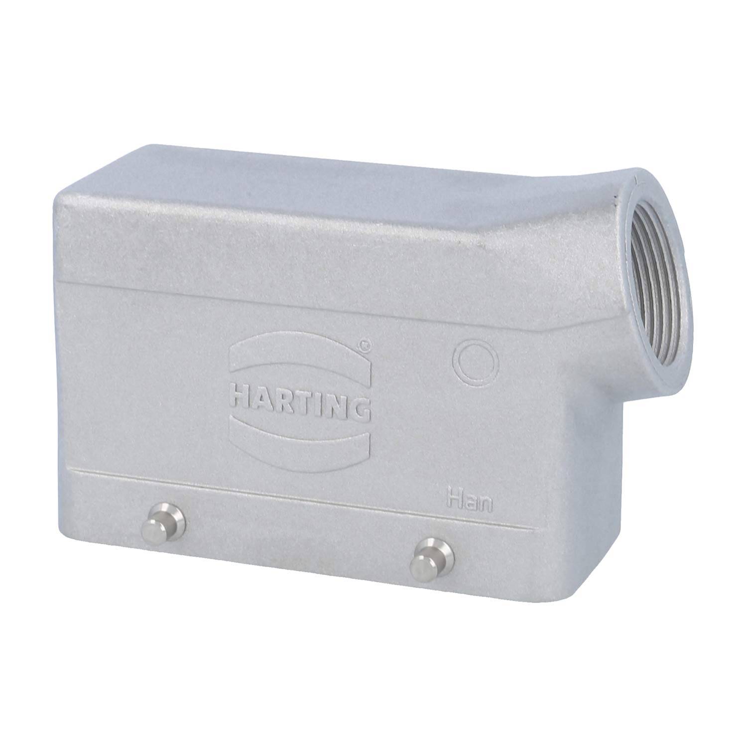 Ein rechteckiges, silbernes metallisches Steckergehäuse mit dem eingeprägten Logo „HARTING