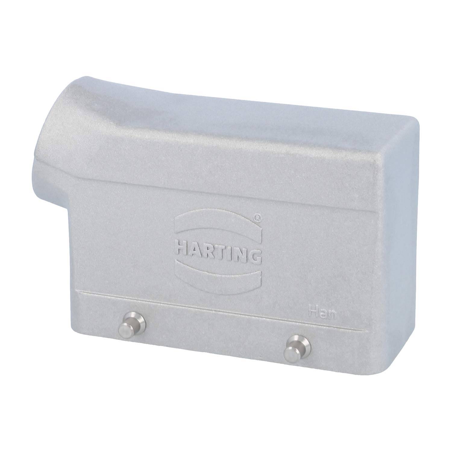 Ein Steckverbindungsgehäuse mit der Bezeichnung 'HARTING' mit rechteckiger Form und zwei Befestigungsbolzen an der Unterseite.
