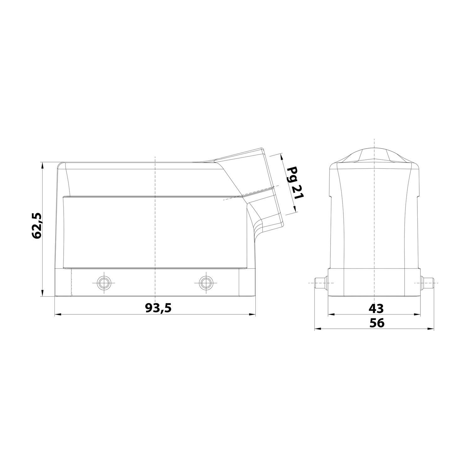 Technische Zeichnung eines Elektrokastens aus zwei Perspektiven betrachtet. Die Seitenansicht hat Abmessungen von 93,5mm Länge und 62,5mm Höhe. Die Vorderansicht zeigt 56mm Breite und 43mm Höhe. Kreisförmige Ausschnitt gekennzeichnet mit „Pg-21