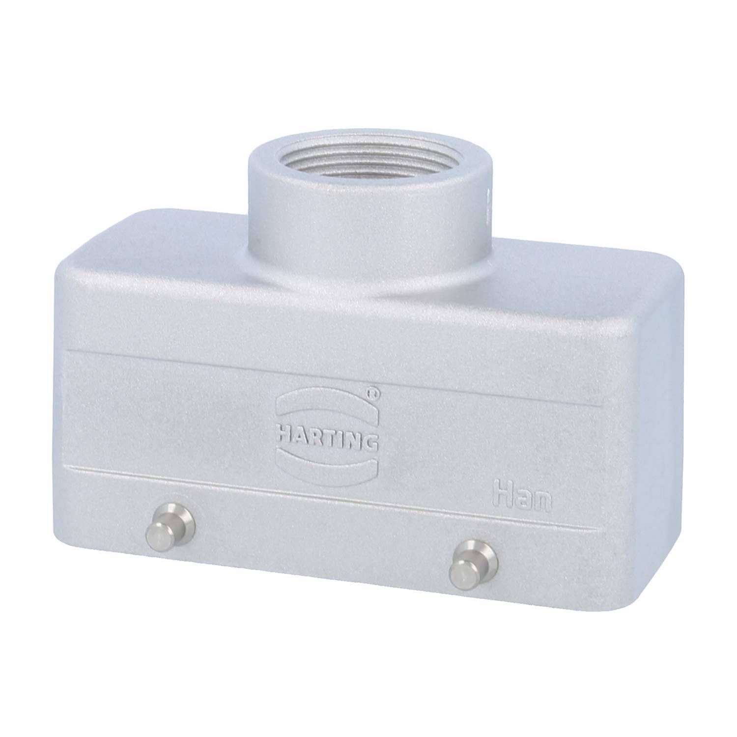 HARTING Han' Metall-Industriesteckverbinder-Gehäuse mit oben angebrachtem Gewinde-Eingang für die Kabelanbindung, konzipiert für sichere elektrische Verbindungen.
