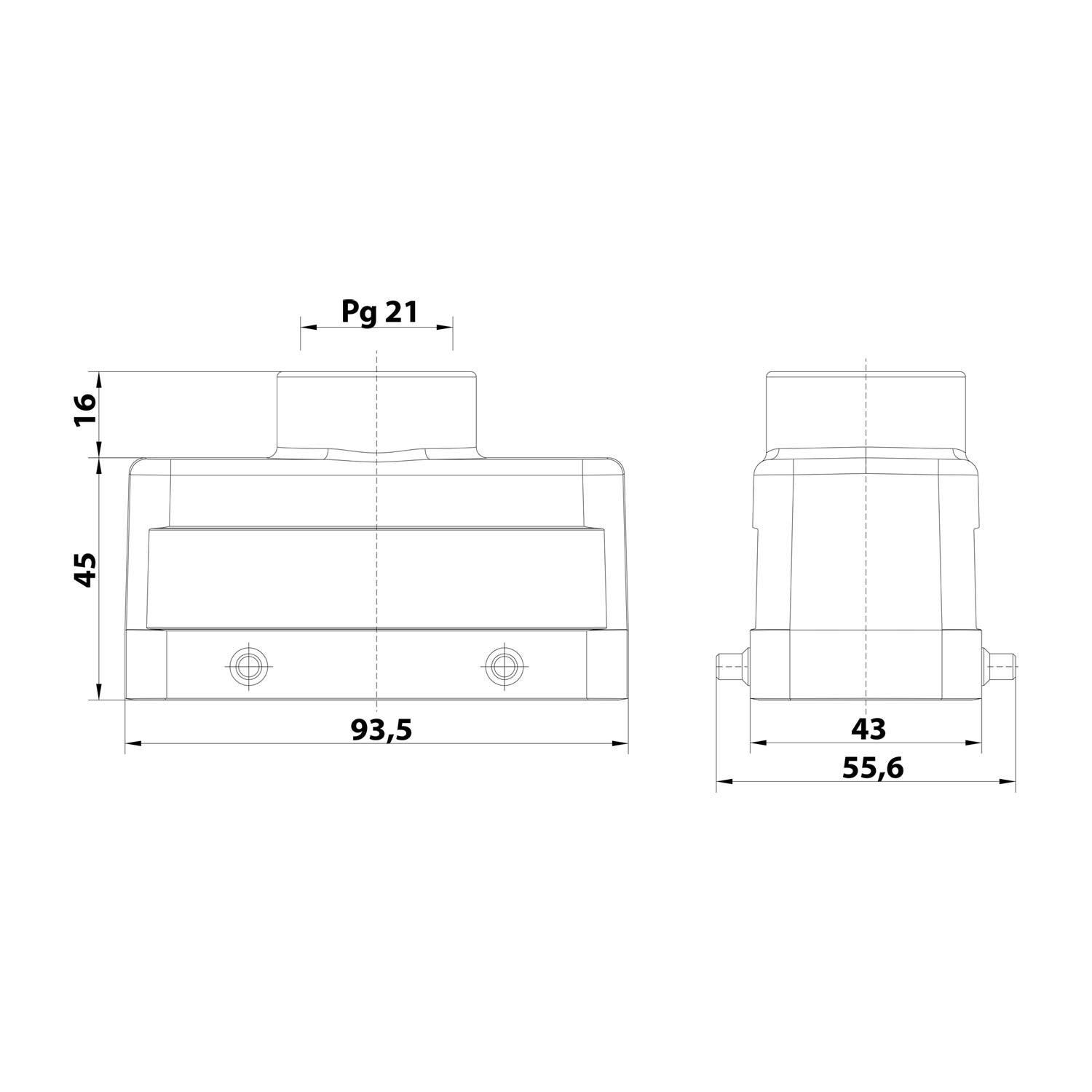 Technische Zeichnung eines Komponenten mit Front- und Seitenansicht und Abmessungen: Frontbreite 93,5 mm, Höhe 45 mm, Oberbreite 55,6 mm.