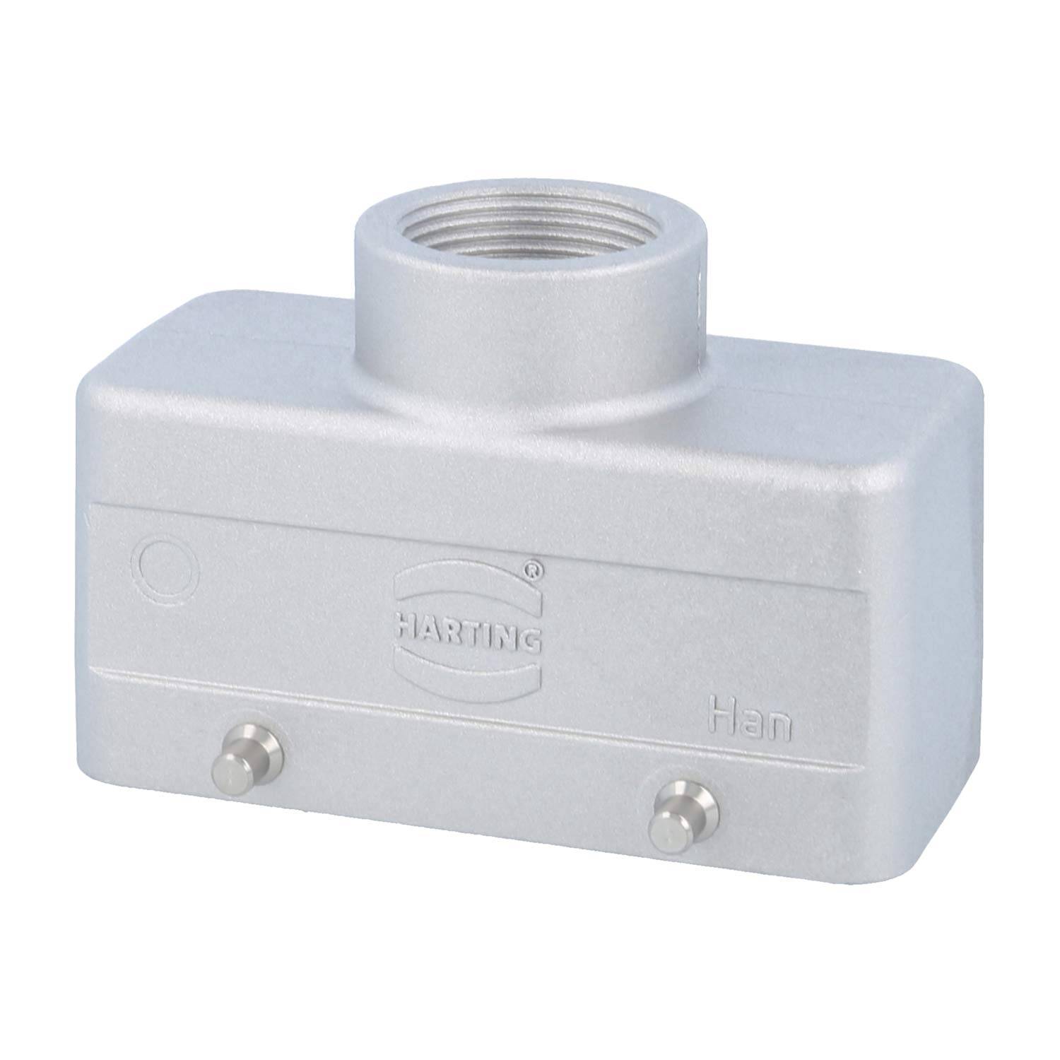 Ein HARTING Han Industriesteckverbinder-Gehäuse mit Oberschenkeleinführung und Silberfinish, ausgestattet mit einer Gewindebohrung und zwei Verriegelungsstiften.