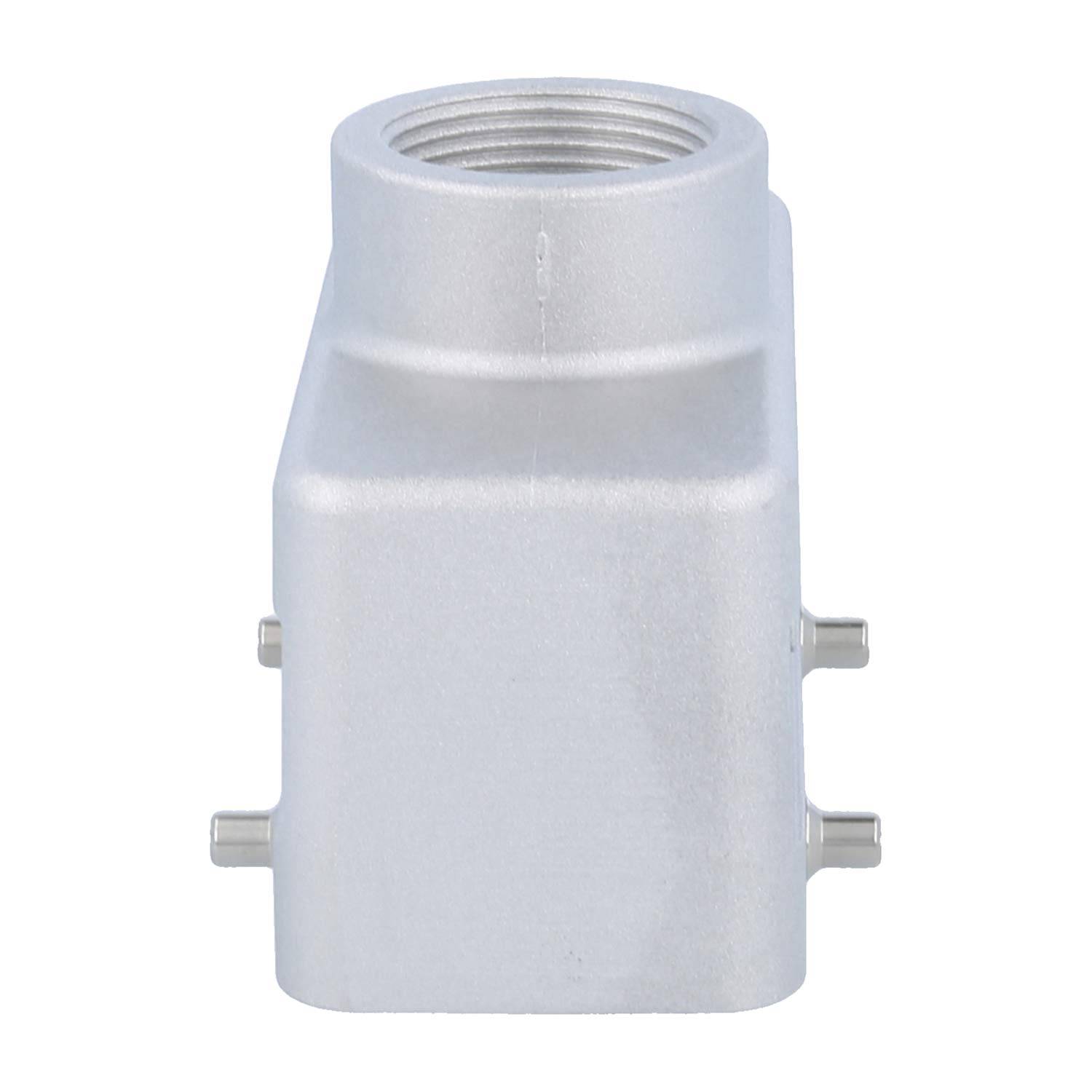 Ein Metallbogengehäuse mit einer Gewindebohrung an einem Ende und vier vorstehenden Stiften an den Seiten, verwendet zum Sichern elektronischer Verbindungen.