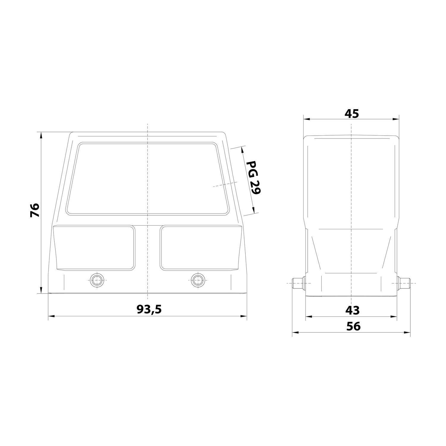 Technische Linienzeichnung mit Front- und Seitenabmessungen eines Geräts; die angegebenen Maße sind in Millimetern: 93,5 x 76 und 56 x 45.
