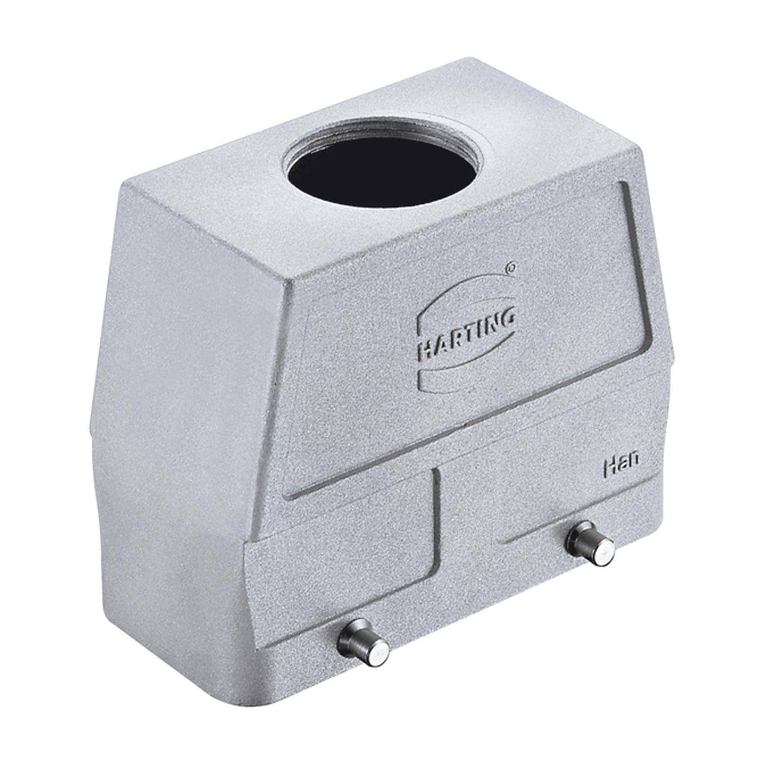 Ein metallisches rechteckiges Elektrostecker-Gehäuse mit einer kreisförmigen Öffnung oben und geprägter „HARTING