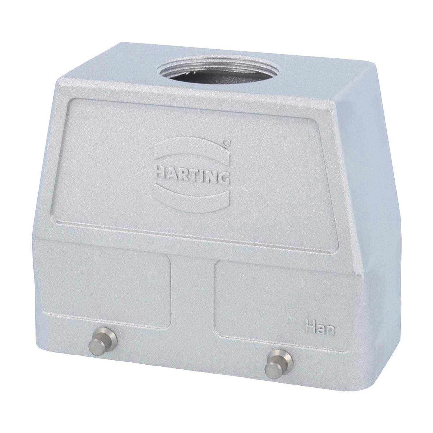 Ein rechteckiges Metallgehäuse mit der Aufschrift „Harting Han
