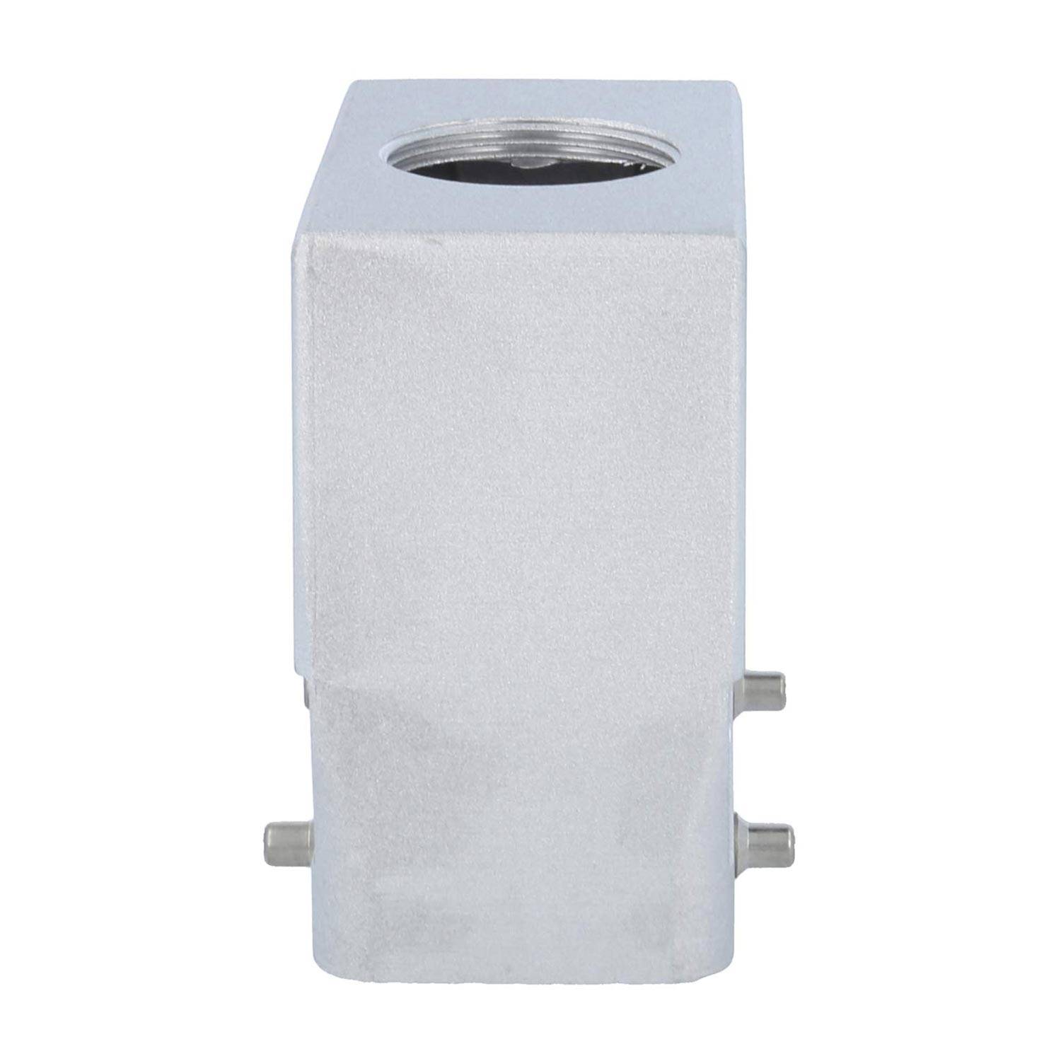 Ein zylindrischer Aluminiumblock mit einem Gewindeloch oben und zwei vorstehenden Seitensteckern, von vorne betrachtet.