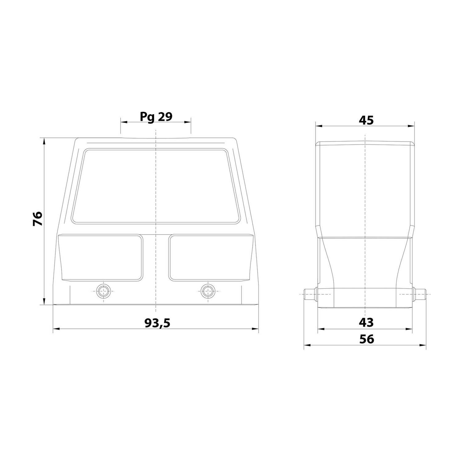 Technische Zeichnung mit Front- und Seitenansicht eines rechteckigen Objekts mit den Abmessungen: Höhe 76, Breite 93,5, Tiefe 56.