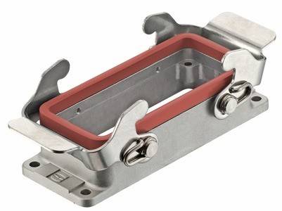 Eine Metallrechteckhalterung mit roter Gummiummantelung und zwei Klammern, höchstwahrscheinlich eine Komponente zur Befestigung oder Montage von Ausrüstung.