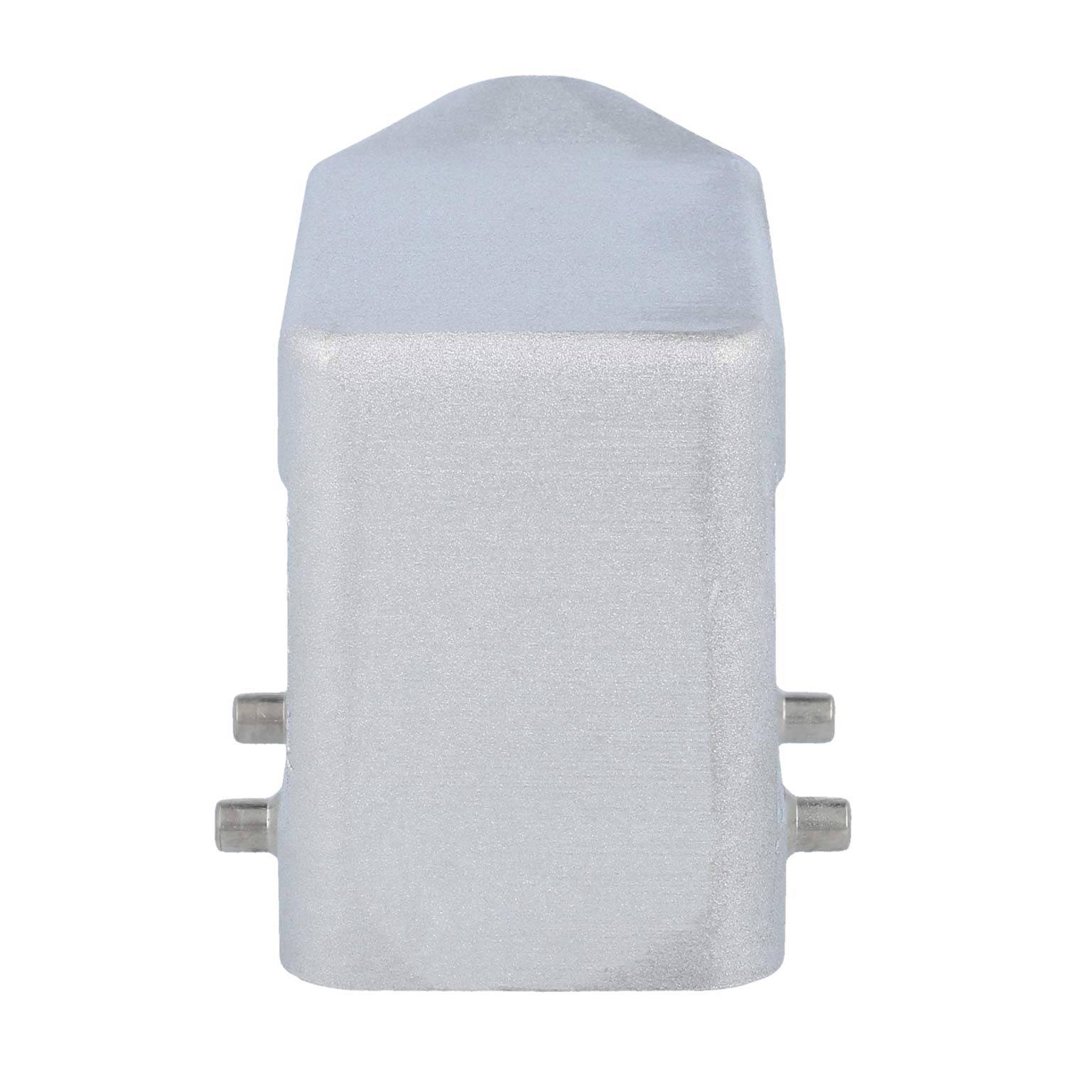 Eine silberne, rechteckige Metallkomponente mit runden Vorsprüngen an den Seiten, von vorne betrachtet, möglicherweise ein mechanisches oder elektronisches Teil.