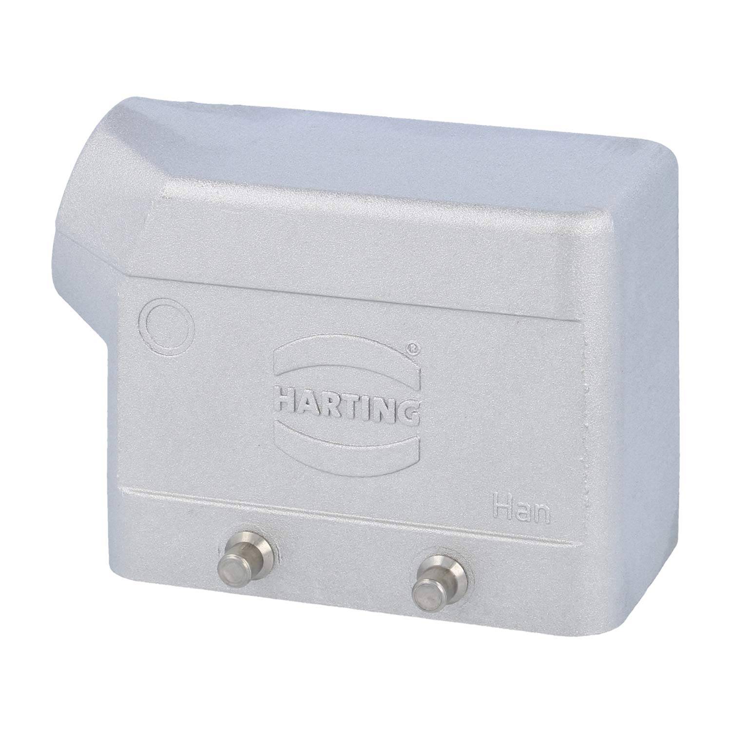 Eine silberfarbene Harting-Industriesteckerhaube mit zwei Verriegelungsschrauben, mit dem geprägten Harting-Logo und dem Wort „Han