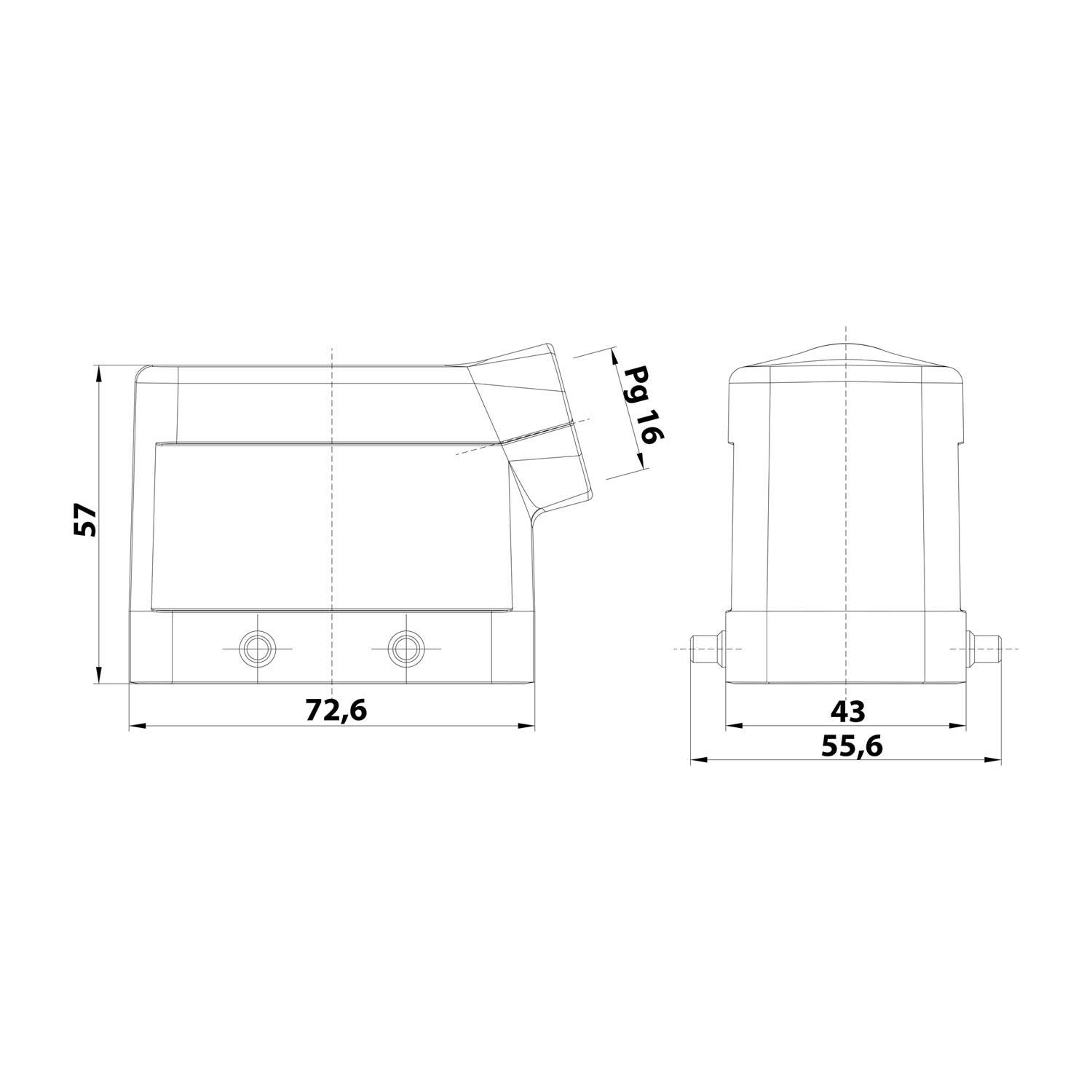 Technisches Diagramm mit Abmessungen eines rechteckigen Geräts mit geneigter Oberseite. Seitenansicht: 57 Höhe, 72,6 Breite. Vorderansicht: 43 Breite, 55,6 Basis.