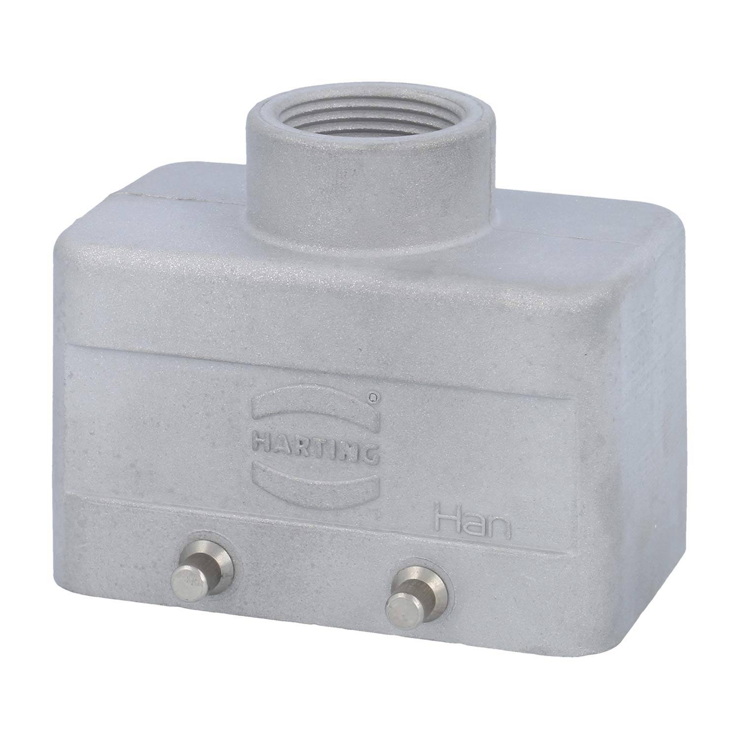 Ein rechteckiges, grausses industrielles Steckgehäuse mit Gewinde oben, gekennzeichnet mit 