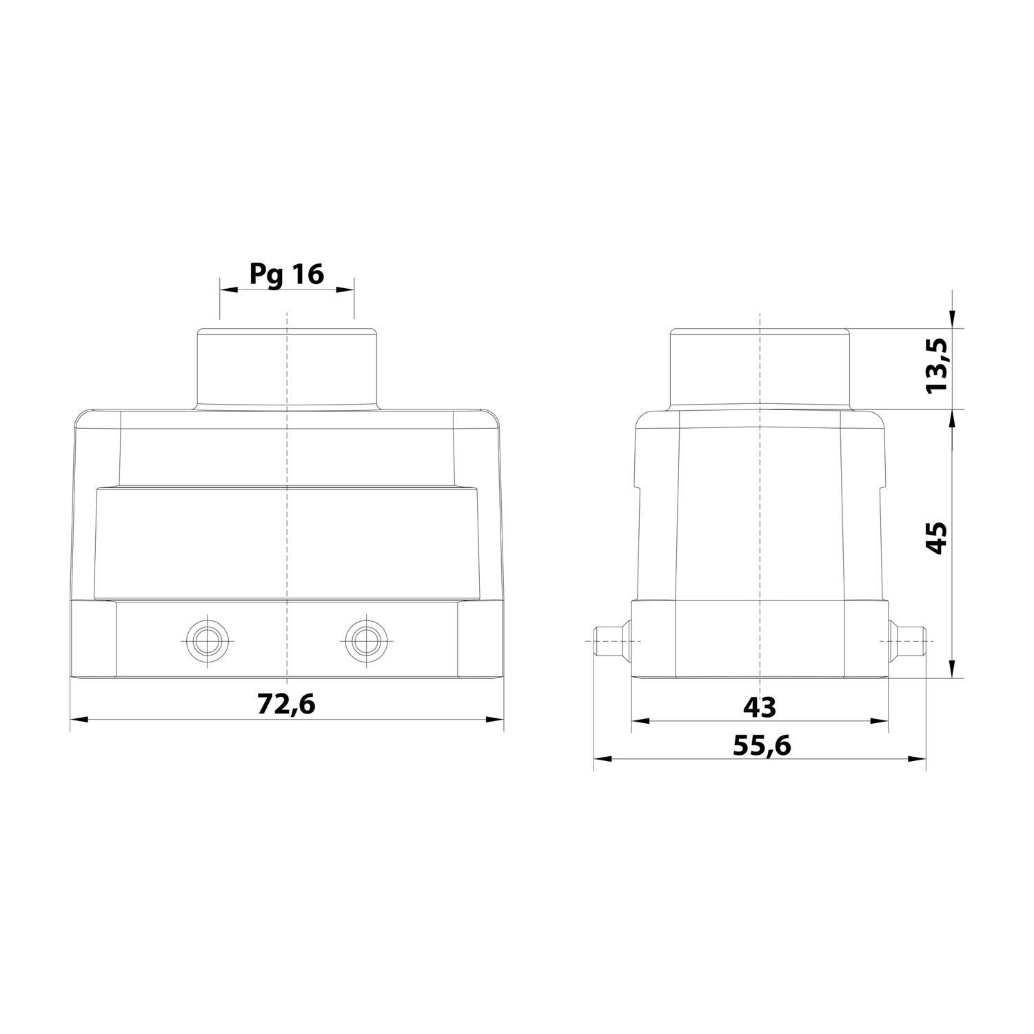 Zwei technische Zeichnungen eines Bauteils mit Abmessungen: Die Vorderansicht zeigt eine Breite von 72,6 mm und ein Gewinde von 16 mm; die Seitenansicht zeigt eine Tiefe von 43 mm.