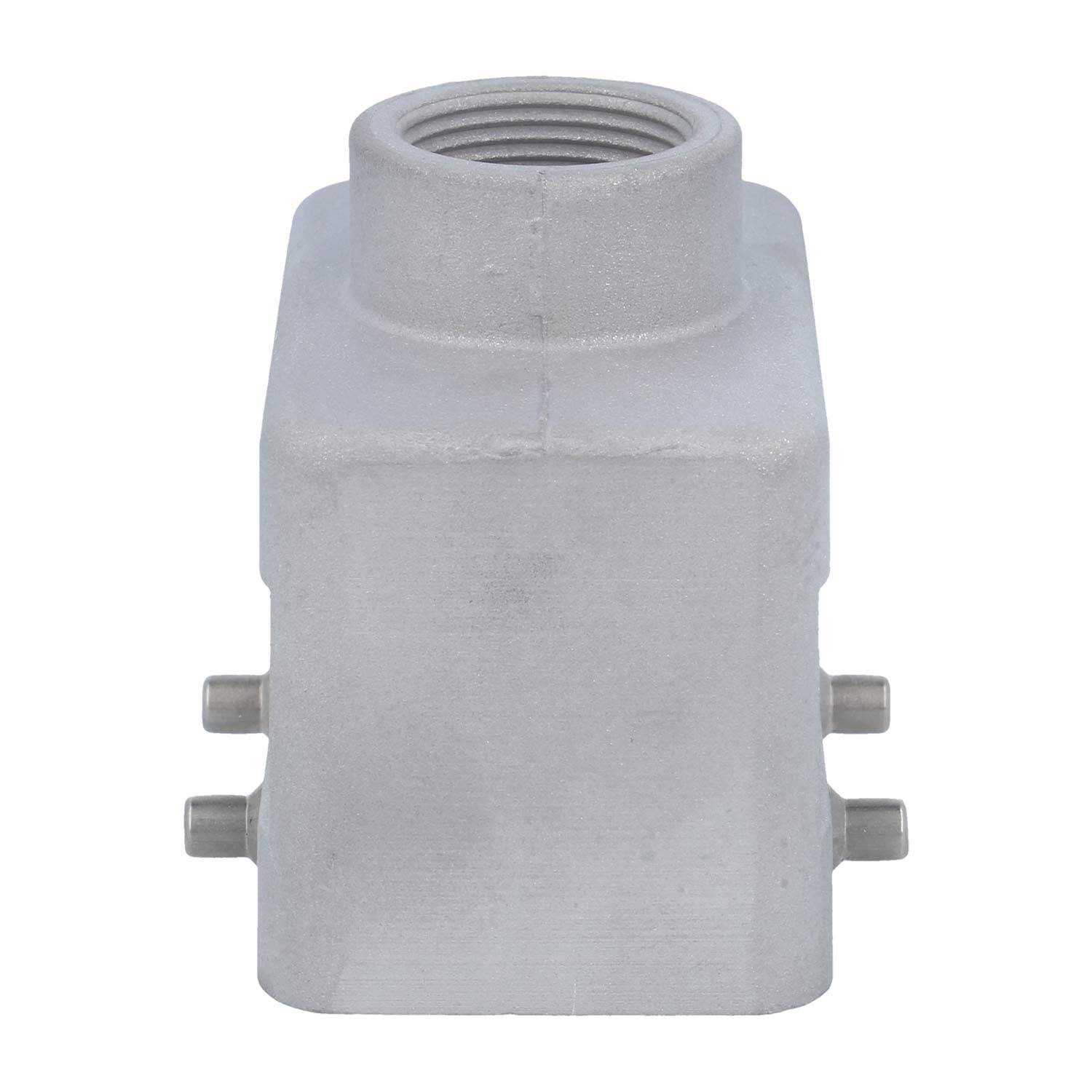 Metallische rechteckige elektrische Leitungsrohrverbindung mit Schraubverbindungen an drei Seiten und einer Gewindeöffnung oben.