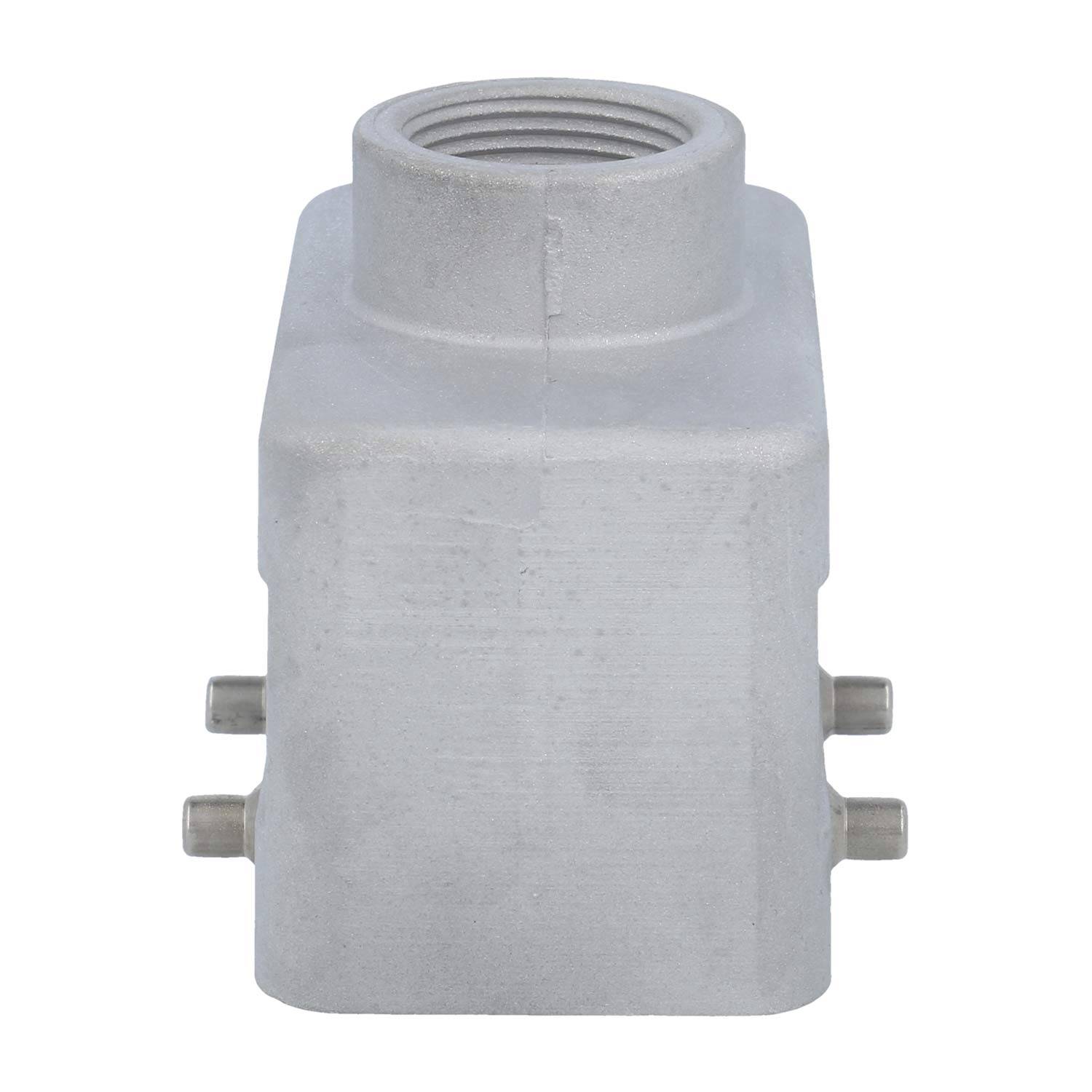 Aluminiumdruckguss-Verbindungskasten mit Kabeleinführung, mit vier seitlichen Eintrittsöffnungen und einer oben angebrachten Gewinde-Öffnung.