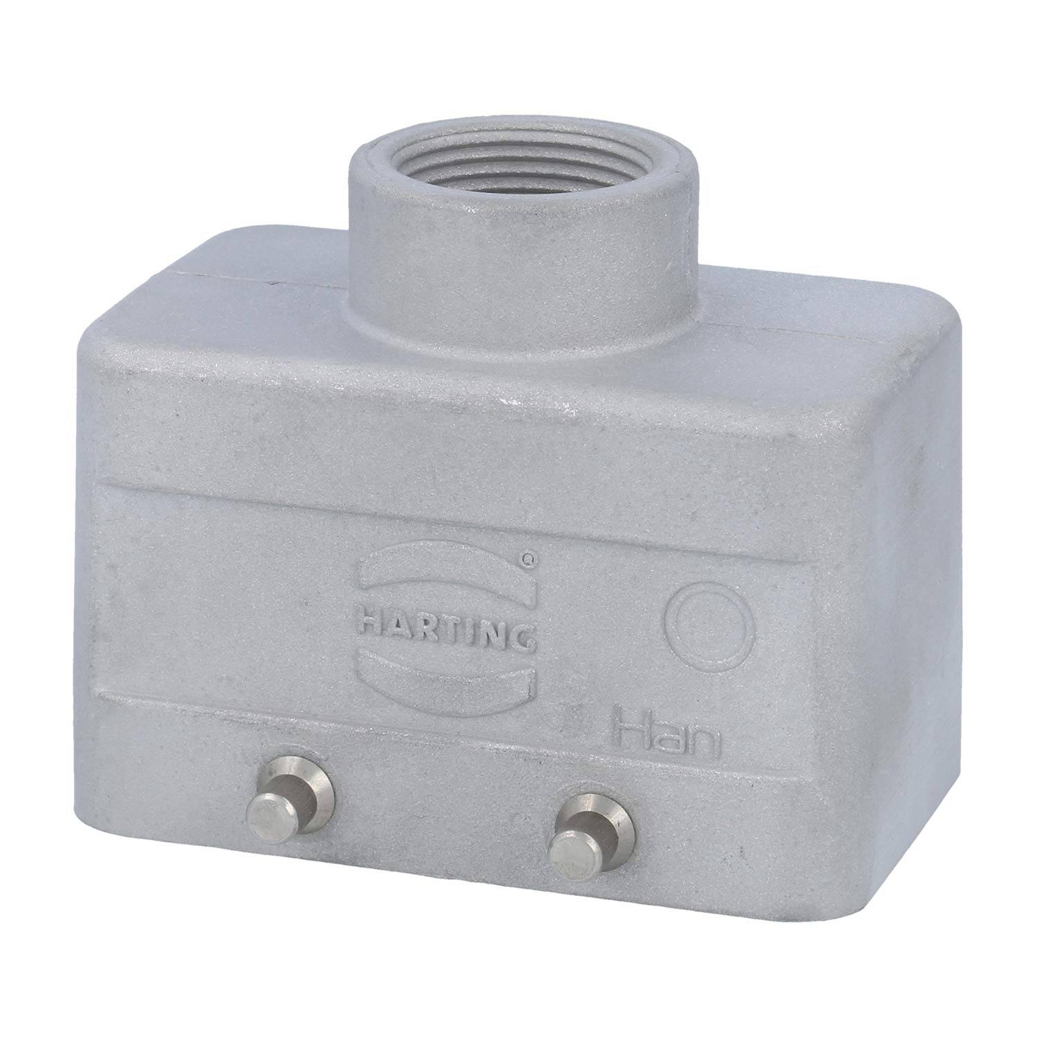 Ein silbernes Gehäuse für elektrische Steckverbinder mit zwei Schraubkontakten und dem Wort 'HARTING' auf der Vorderseite eingeprägt.