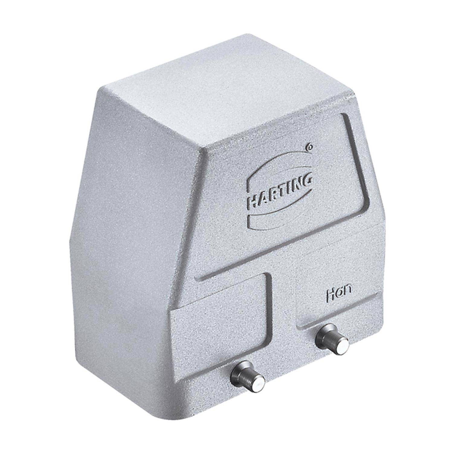 Ein grauer Industrieverbindungsstecker mit dem eingeprägte Markennamen „Harting