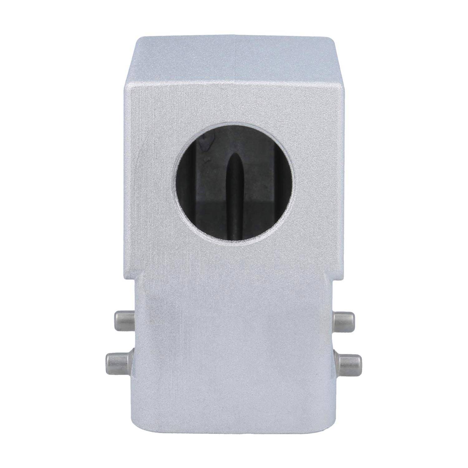 Eine quadratische Silbermetallhalterung mit einem kreisförmigen Loch in der Mitte, entwickelt zur Montage oder strukturellen Unterstützung.