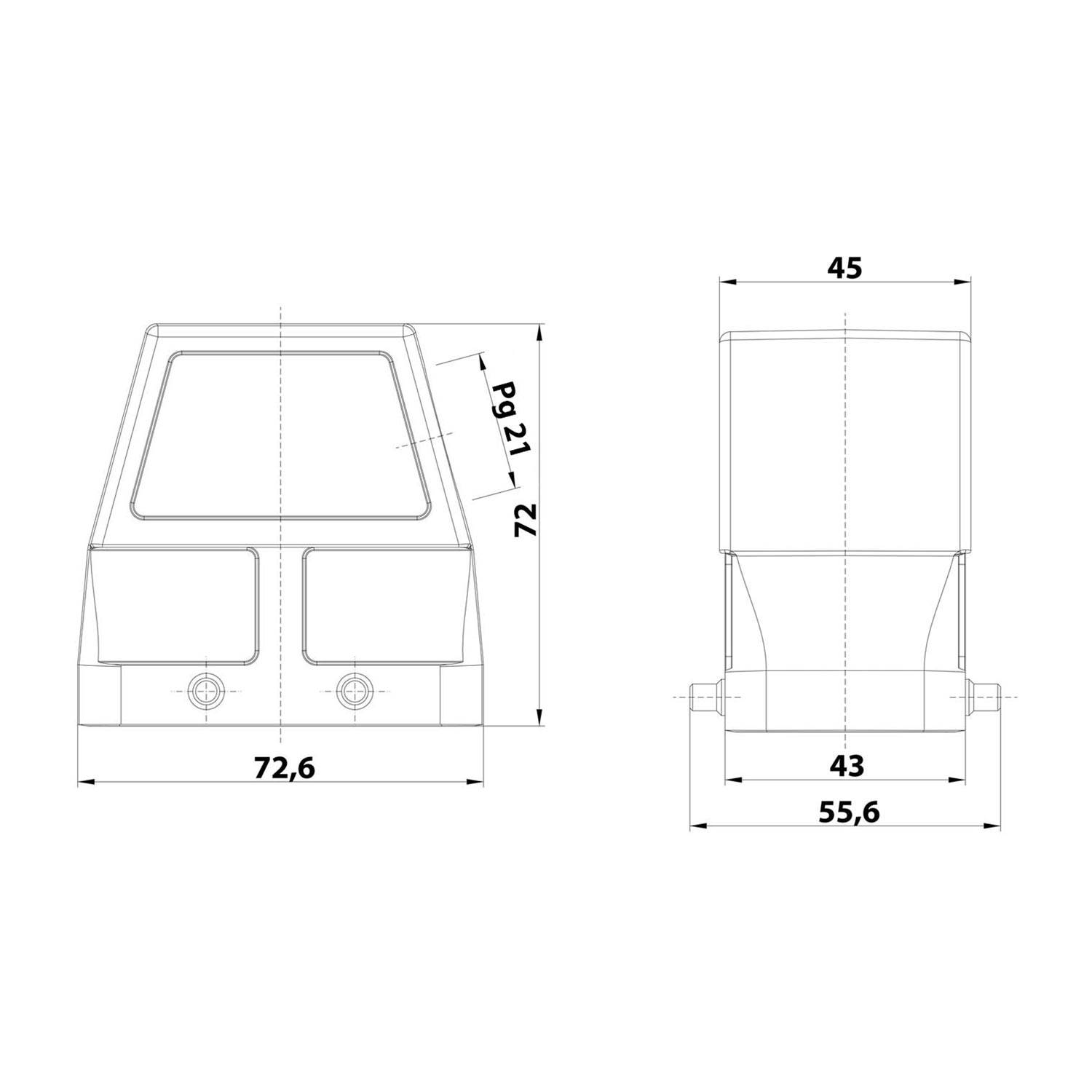 Technisches Schaubild eines Geräts mit Vorder- und Seitenansicht, das Abmessungen zeigt: Breite 72,6, Tiefe 55,6, Höhe 72,1 und weitere Dimensionen.
