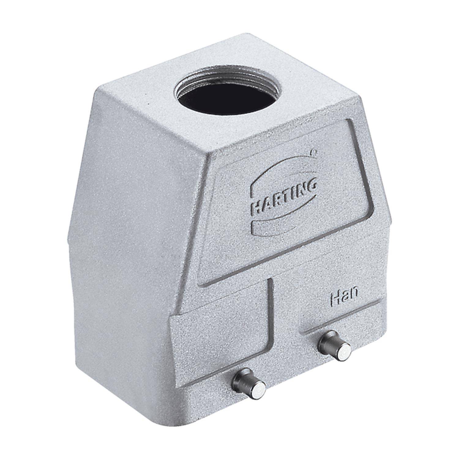 Rechteckige graue Metallsteckverbinderhaube von HARTING mit zwei Befestigungsstiften auf der Unterseite und einer kreisförmigen Öffnung oben für den Kabeleingang.