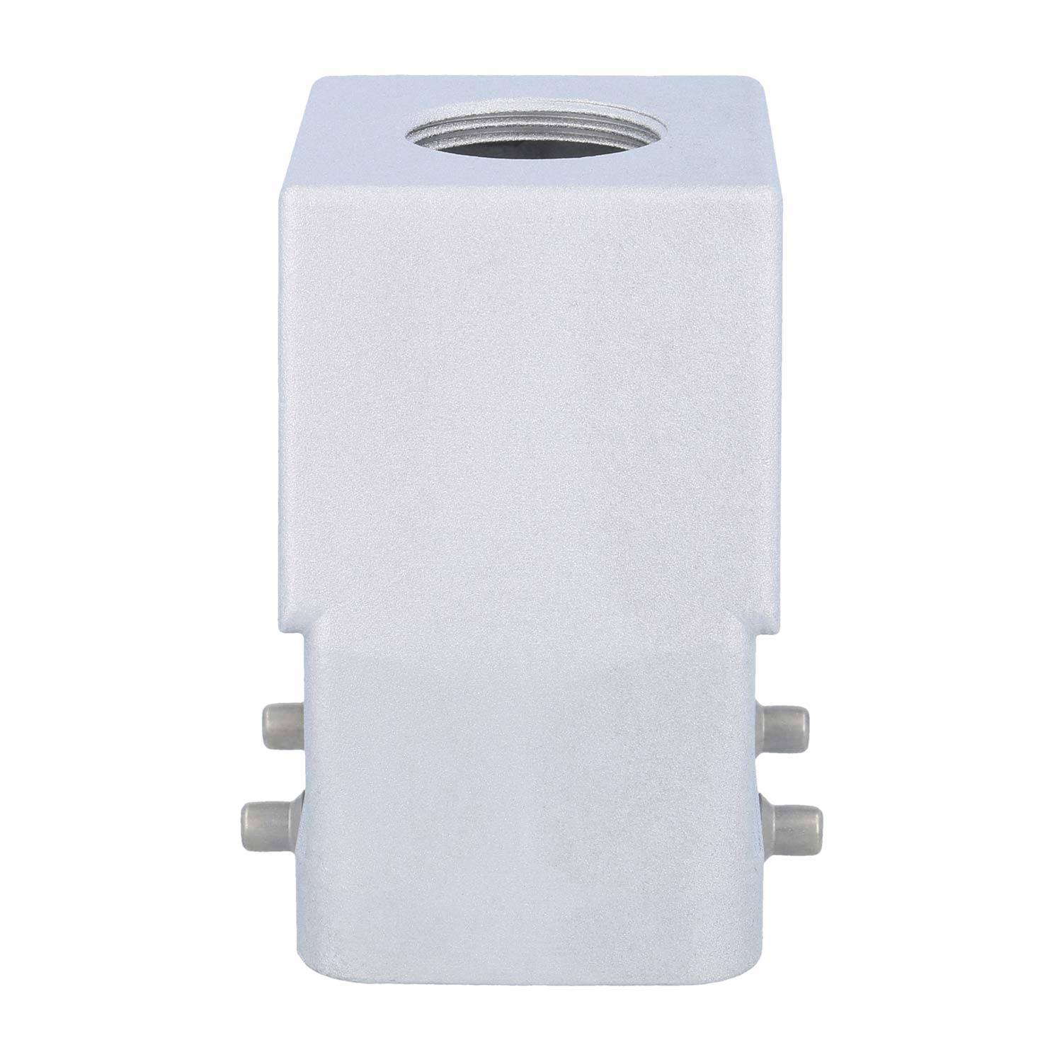 Ein rechteckiges Metallteil mit einer zylindrischen Öffnung oben und seitlichen Bolzenanbindungen. Wird in mechanischen Baugruppen oder Konstruktionen verwendet.