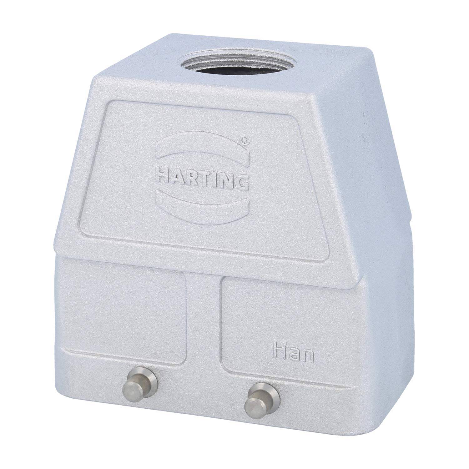 Ein silbernes Harting Han Industriesteckverbindungsgehäuse mit gewindelicher Öffnung oben und geprägter Beschriftung.