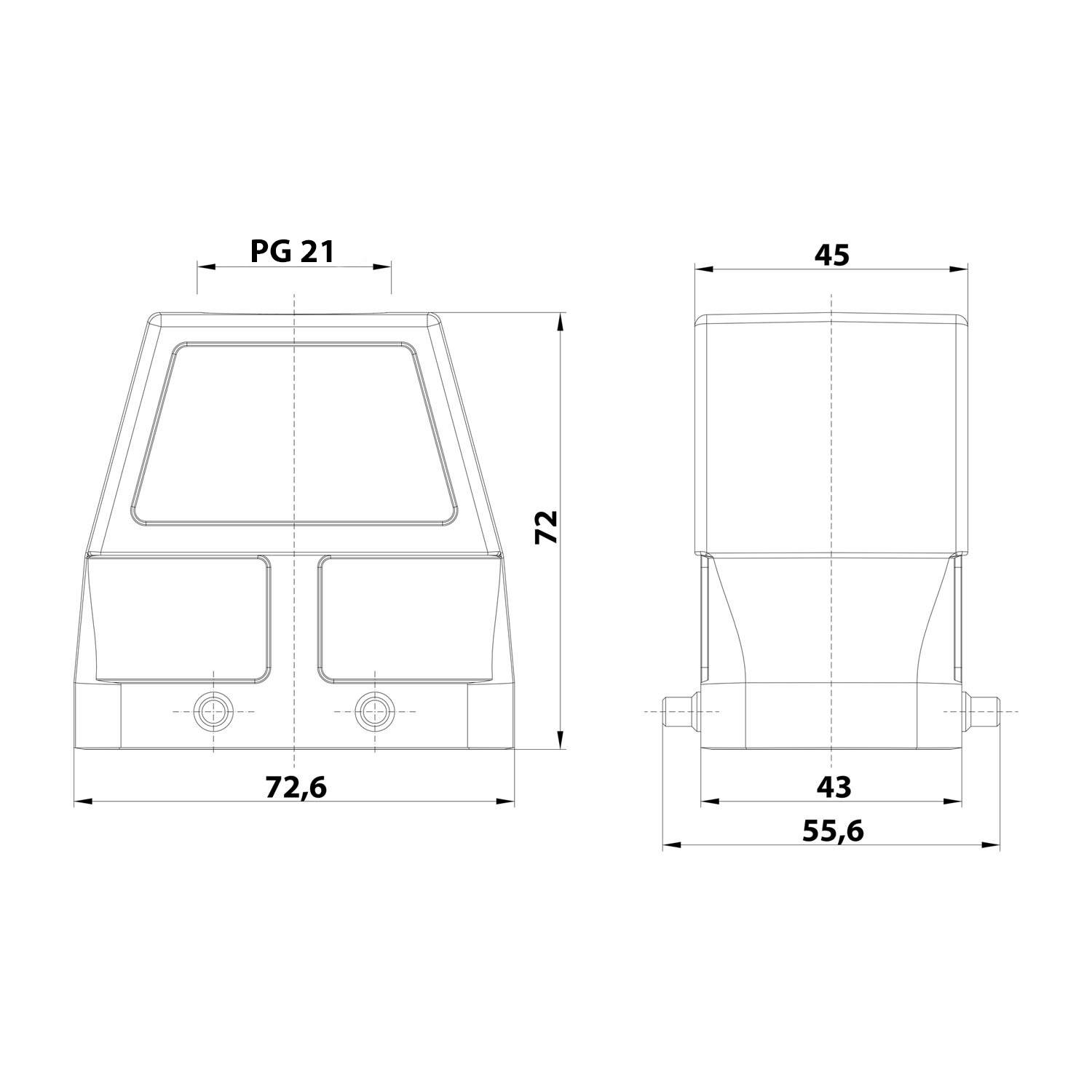 Technische Zeichnung einer Winkelkomponente mit beschrifteten Abmessungen: Breite 72,6 mm, Höhe 72 mm und zusätzliche Seitenmessungen 43 mm und 55,6 mm.
