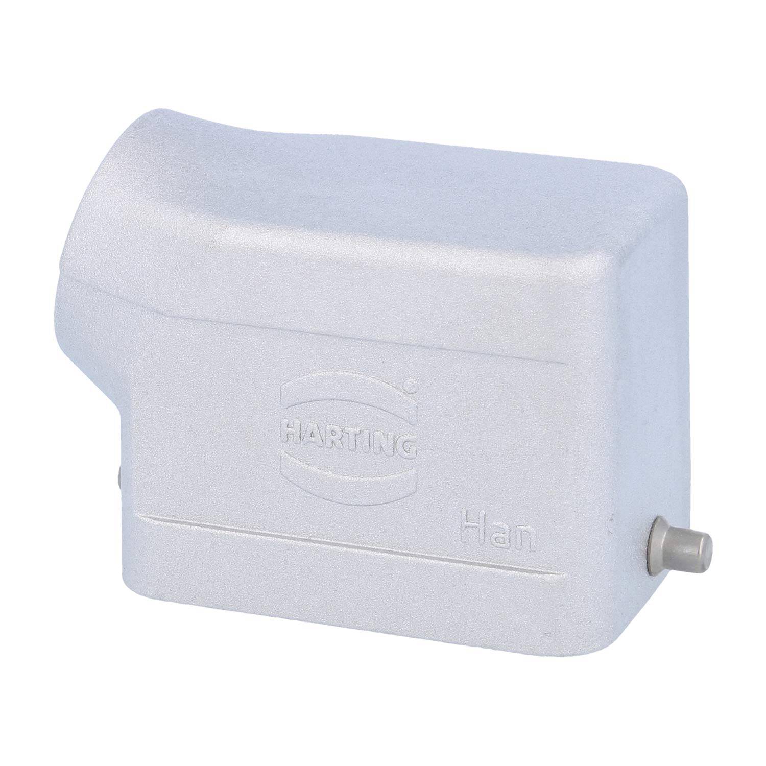 Eine rechteckige metallische Steckerverbinderschutzklappe mit dem prominenten HARTING-Logo, für elektrische Anwendungen konzipiert, mit der Bezeichnung „Han