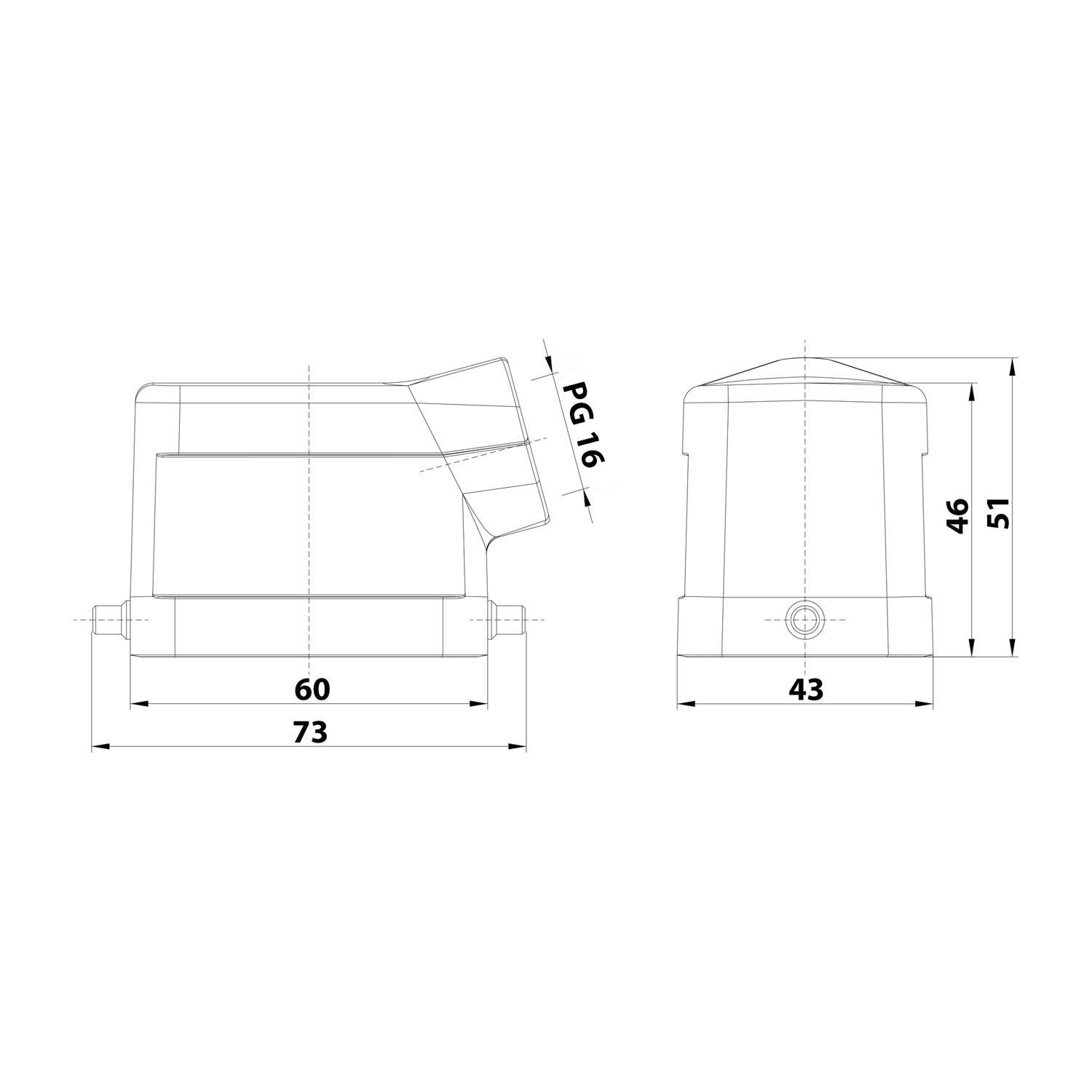 Technische Zeichnung einer elektrischen Komponente mit Abmessungen: Breite 73 mm, Höhe 51 mm, Tiefe 43 mm und Kabeleinführung „PG 16