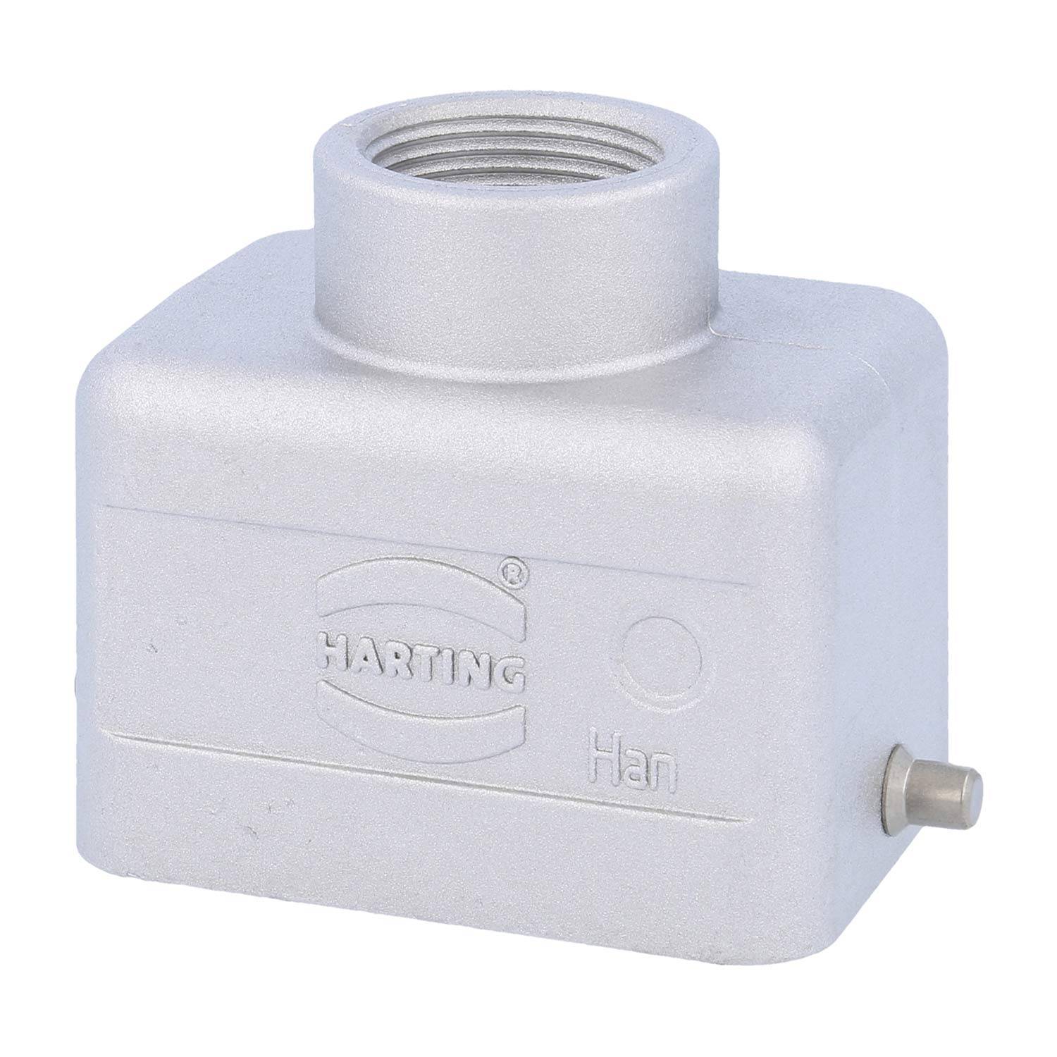 Eine rechteckige metallische Steckverbinderphalanx von HARTING, gekennzeichnet mit dem Markennamen und „Han