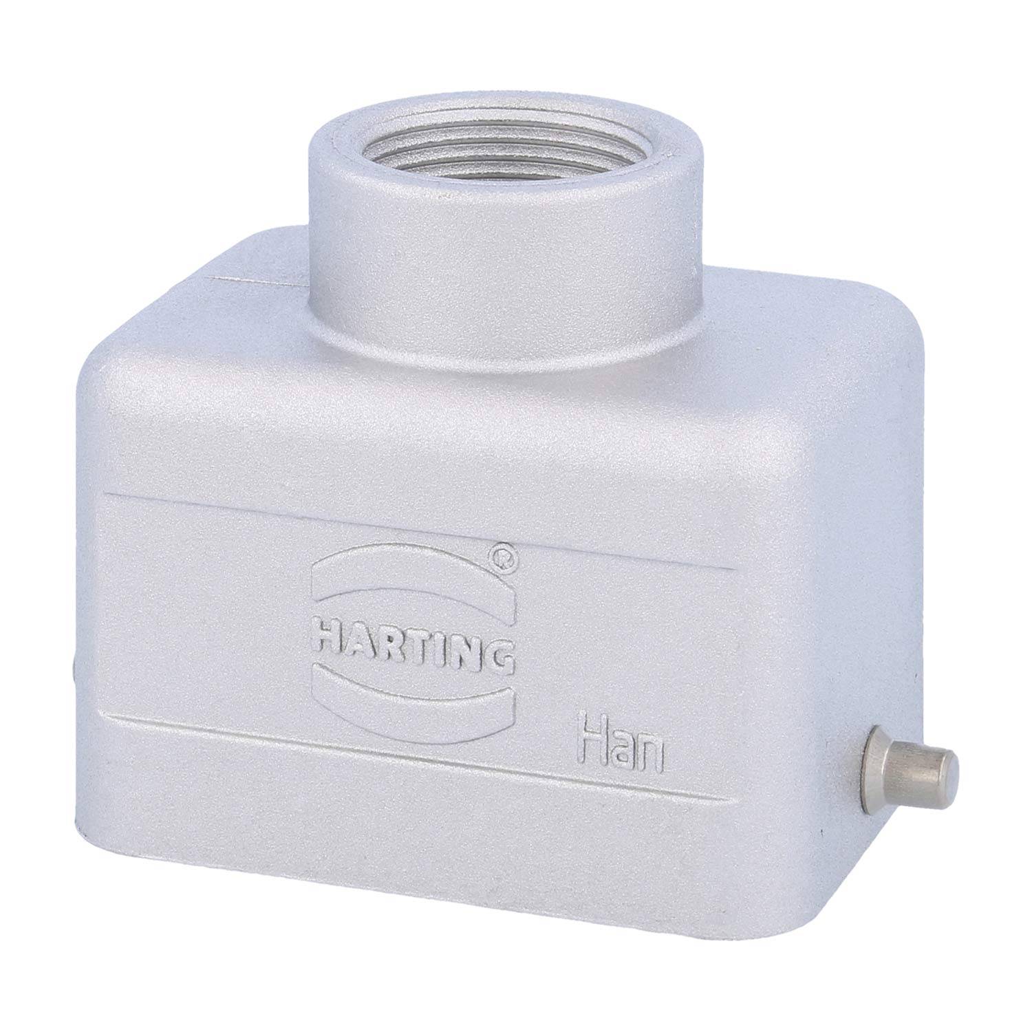 Ein silbernes Harting Han Industrie-Steckverbindergehäuse mit Gewinde an der Oberseite zur sicheren Kabelanbringung, mit dem Markenlogo auf der Vorderseite.