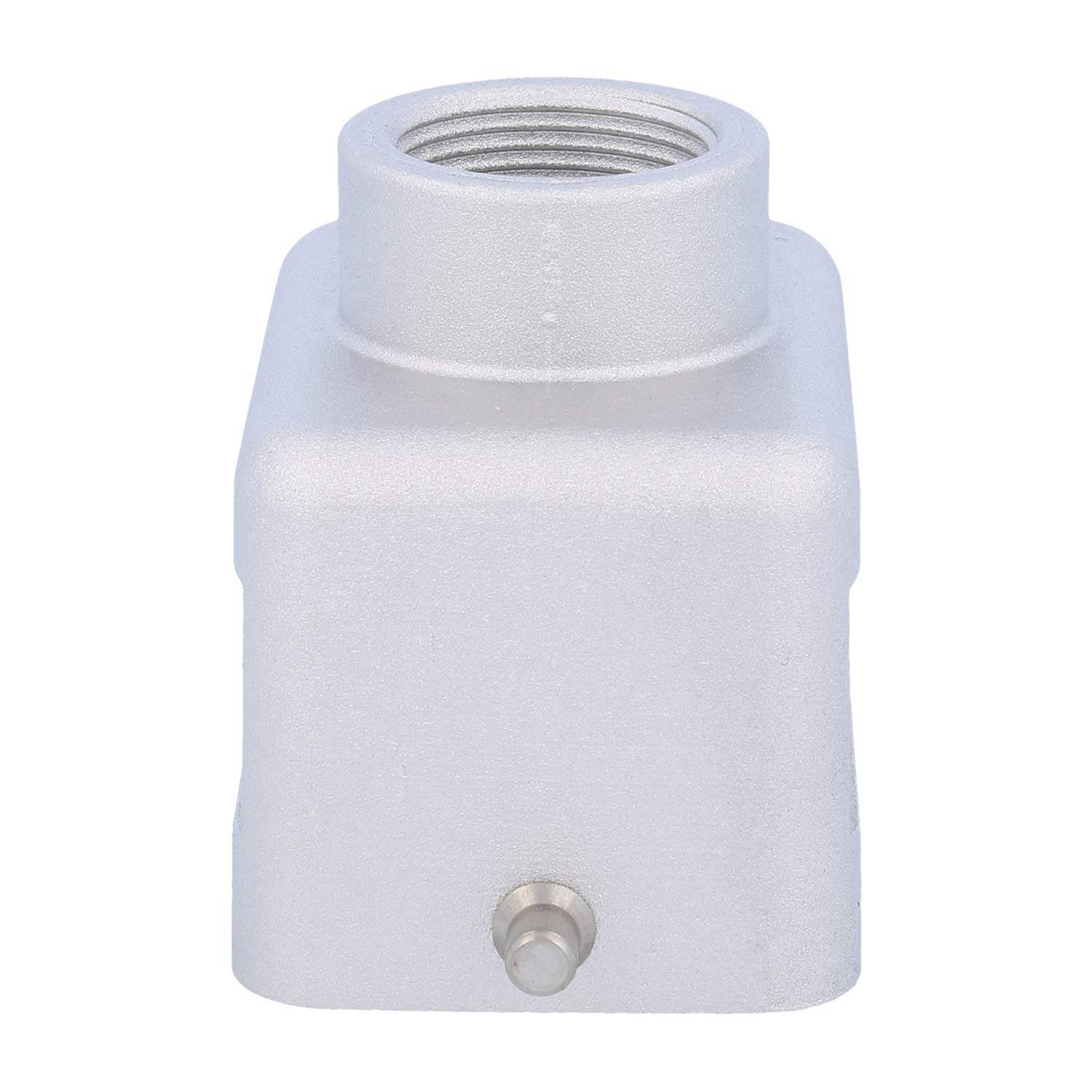 Eine metallische Industriekomponente mit einer Gewindebohrung oben und einer kleinen hervorstehenden Anschlussleiste an der Seite für die technische Montage.