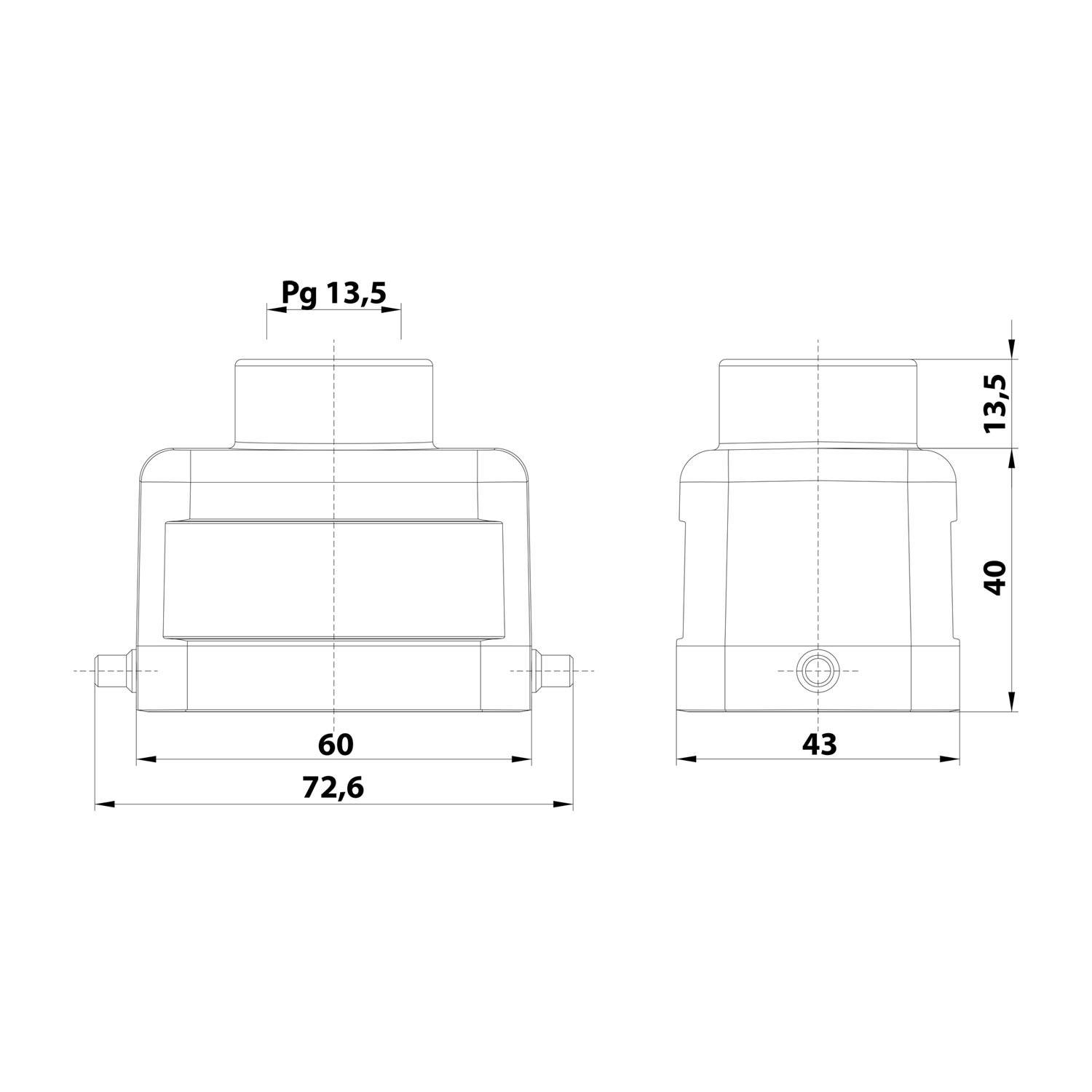 Technische Zeichnung eines mechanischen Teils mit Abmessungen: Breite 72,6 mm, Höhe 40 mm und Tiefe 43 mm; M 13,5 Gewinde.