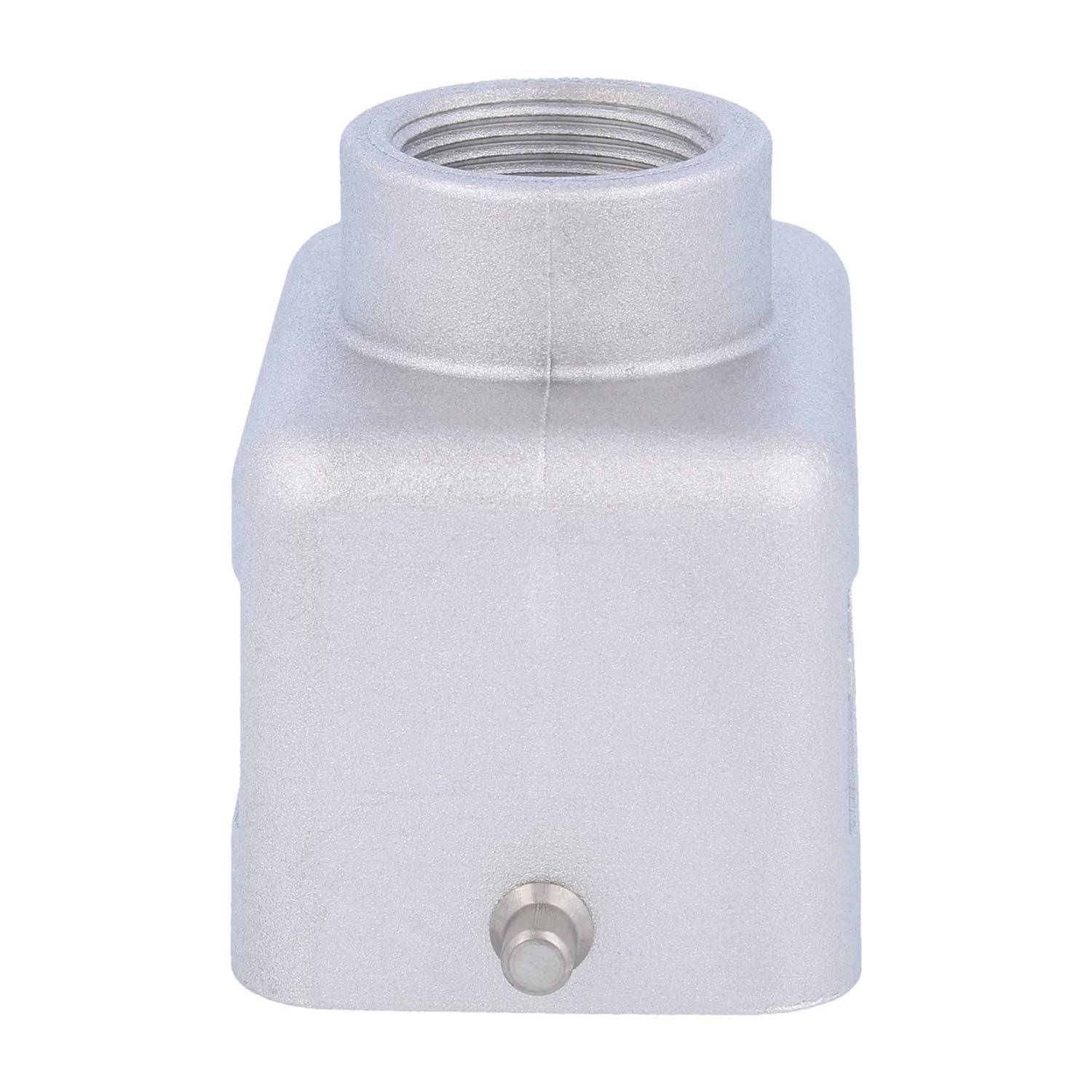 Ein metallisches rechteckiges Steckgehäuse mit einer Gewindebohrung an der Oberseite und einer kleinen Vorwölbung an der Seite, das für elektrische Verbindungen verwendet wird.