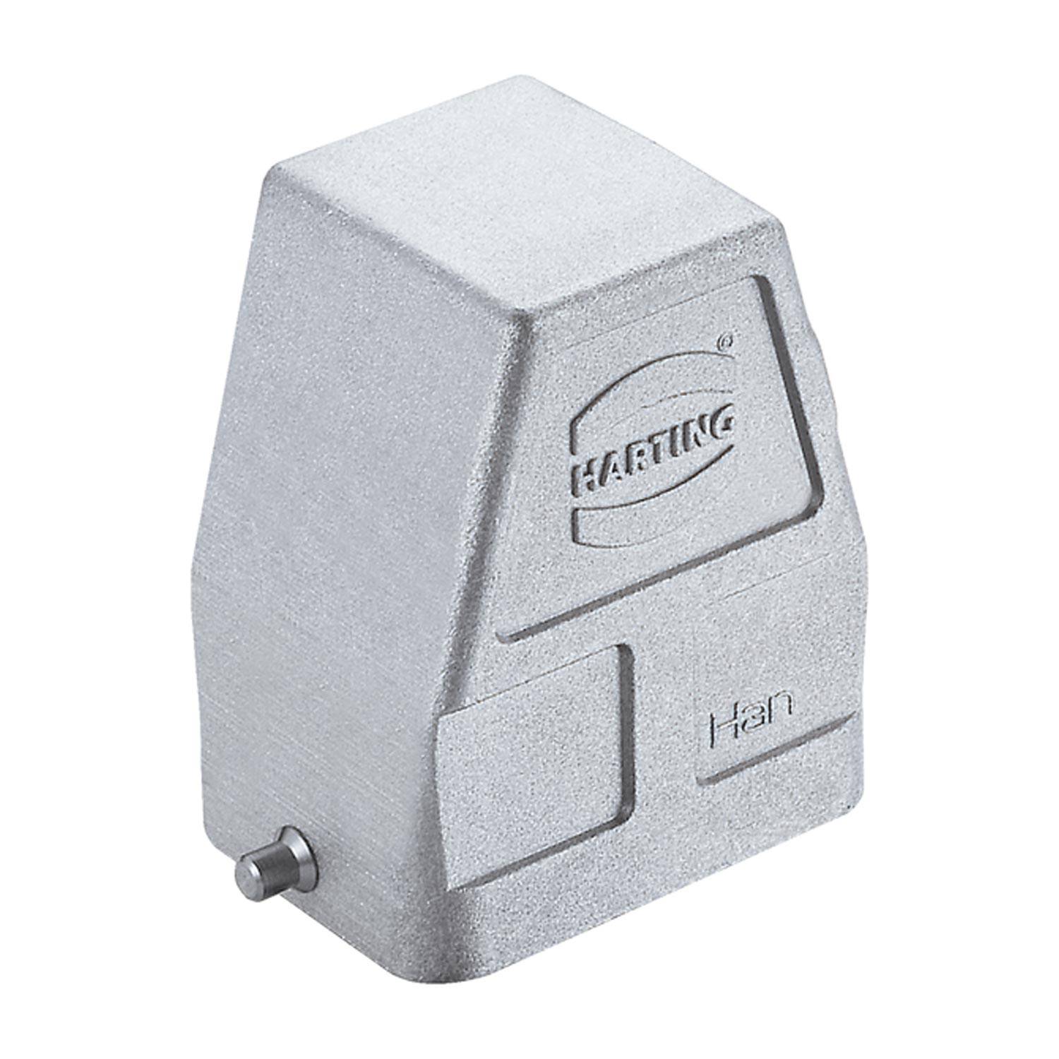 Eine metallische Harting-Elektrostecker-Schutzkappe mit geprägtem Logo und „Han