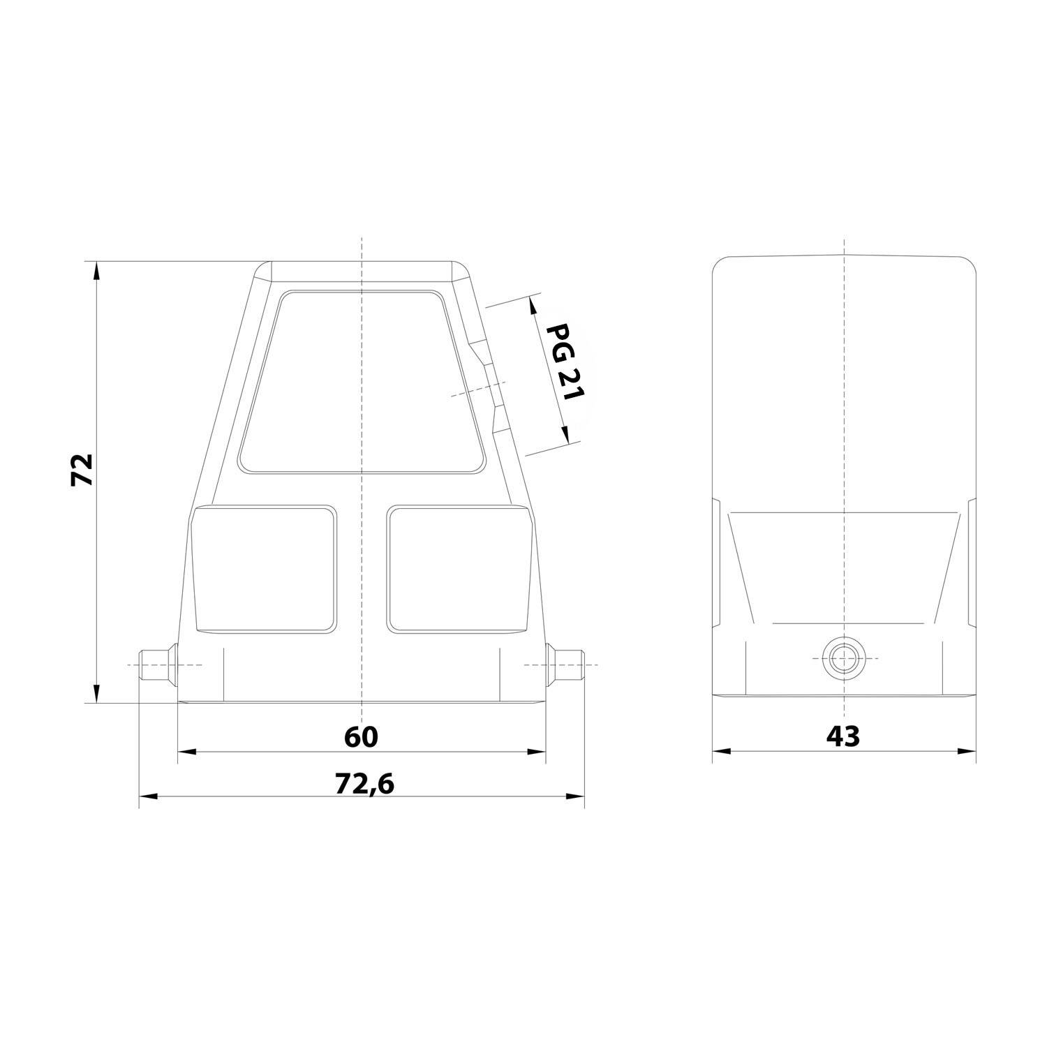 Technische Zeichnung eines mechanischen Bauteils mit Abmessungen: Höhe 72, Breite 72,6 und Tiefe 43. Oben angegebener Stecker mit Bezeichnung „PG21