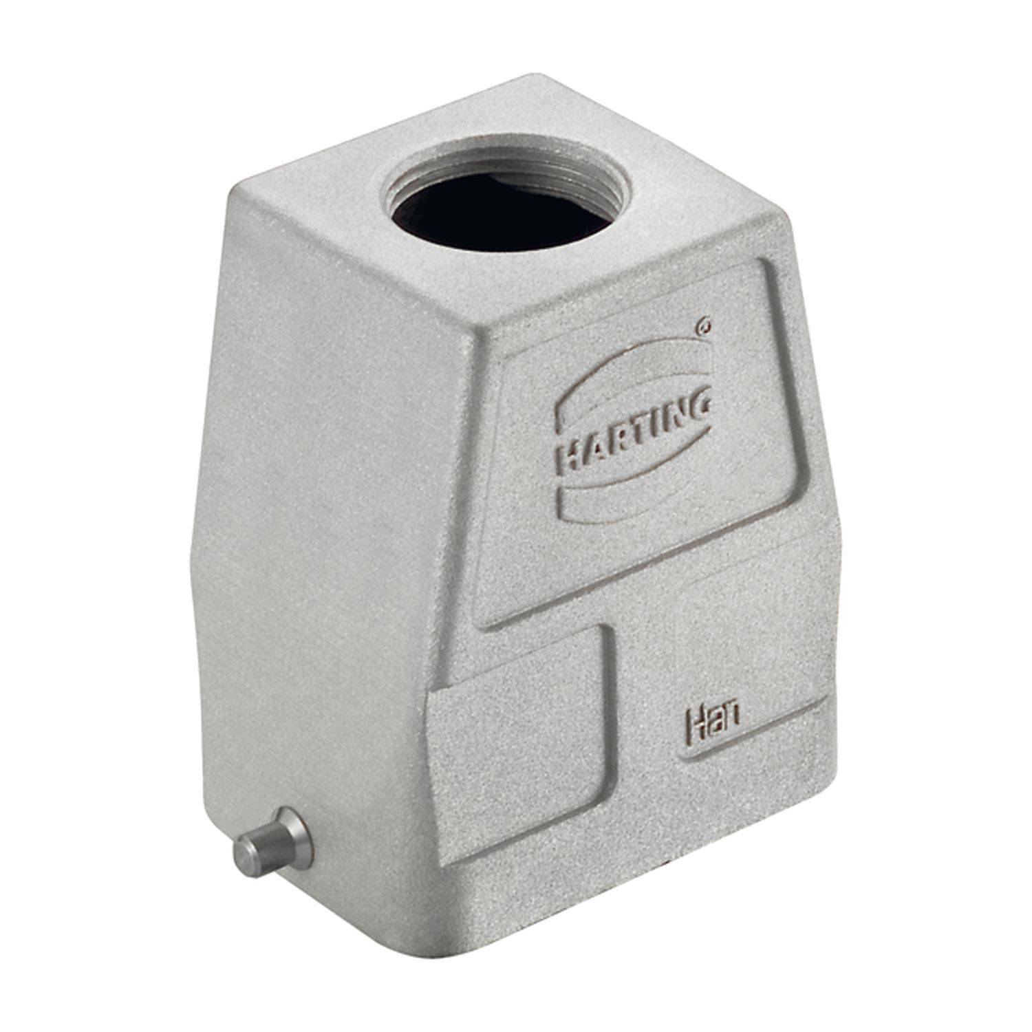 Ein graues Industriesteckergehäuse mit der Bezeichnung „HARTING