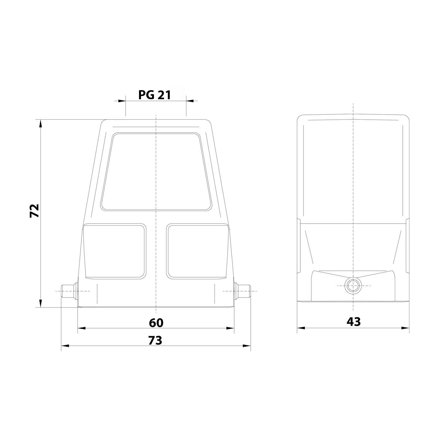 Vorder- und Seitentechnische Zeichnung eines Gehäuses mit Abmessungen: Höhe 72, Breite 73 (Vorderseite), Breite 43 (Seite), PG 21 oben.
