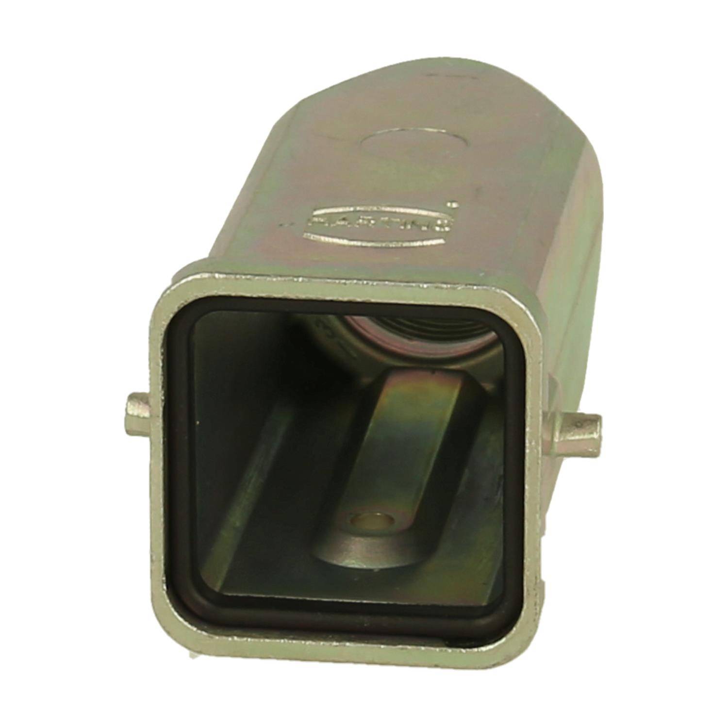 Ein Metallrechteck-Steckgehäuse mit einem Schutzüberstand, das Seitenschrauben zum Befestigen von Kabeln aufweist.