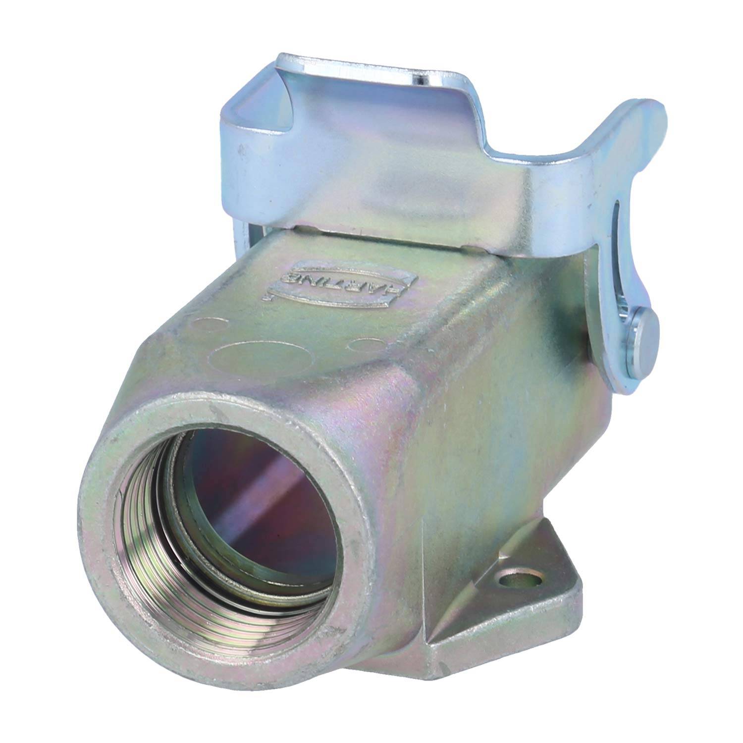 Ein metallischer elektrischer Rohrleitungsverbinder mit gewindeförmiger Öffnung, Klemme und Sockel, konstruiert zum Sichern von Rohrleitungen in Installationen.