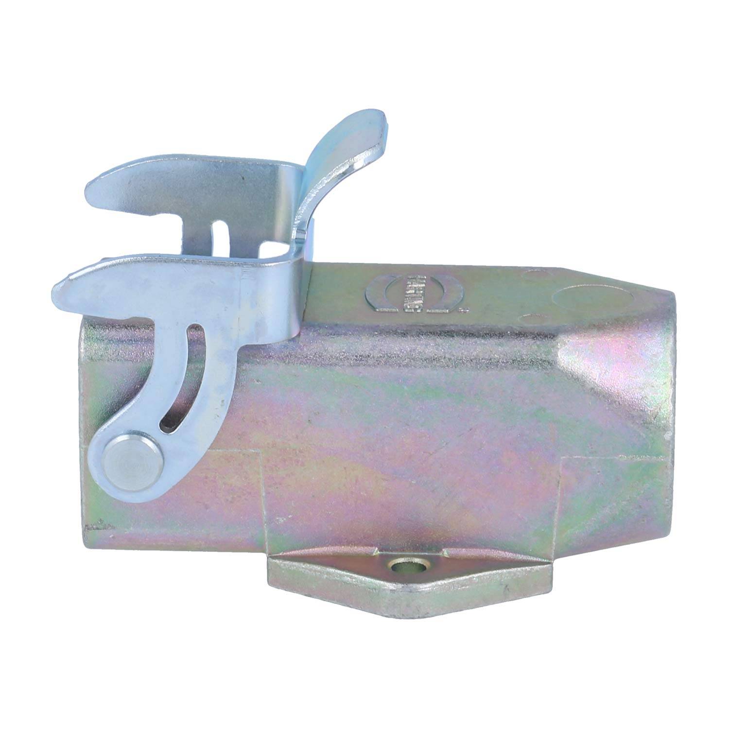 Das Bild zeigt einen metallischen Riegel mit einer U-förmigen Falle, der zum Sichern von Türen oder Toren verwendet wird. Die Oberfläche hat eine reflektierende Beschichtung.