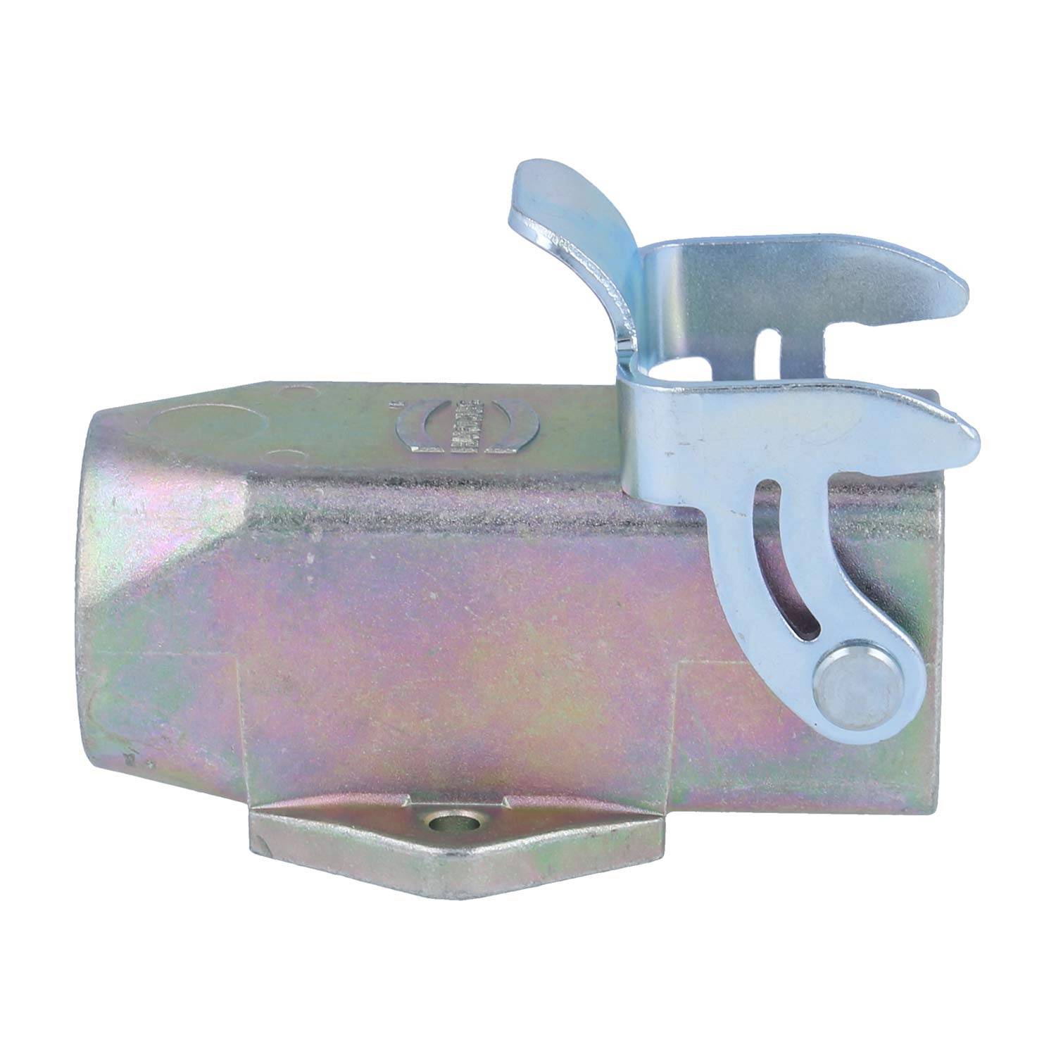 Dies ist ein Metallhardware-Teil mit silberner Oberfläche, das auf einer Seite einen Verschlussmechanismus aufweist. Es scheint zum Sichern oder Montieren verwendet zu werden.