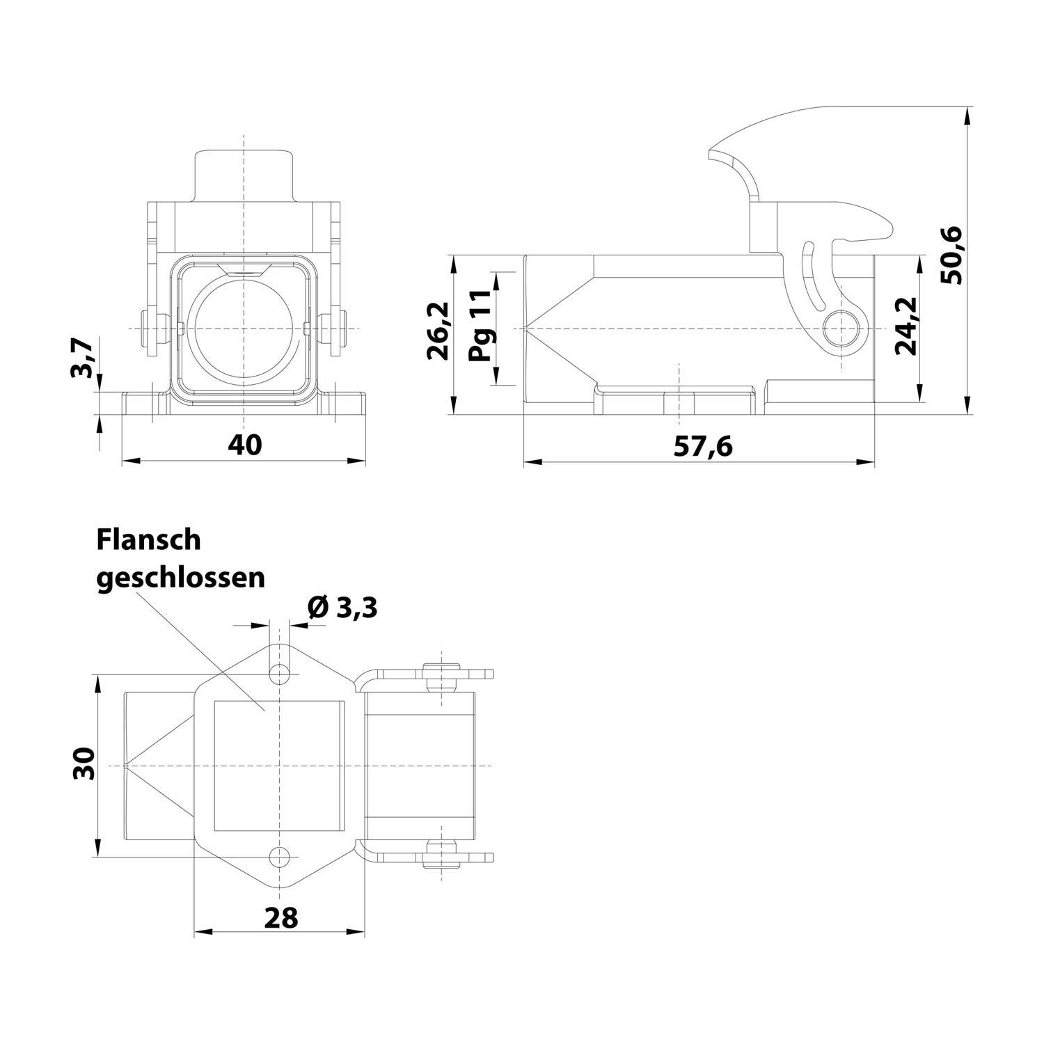 Technische Zeichnung eines mechanischen Bauteils mit Seiten-, Front- und Draufsicht. Beinhaltet Abmessungen und die deutsche Bezeichnung 'Flansch geschlossen'.