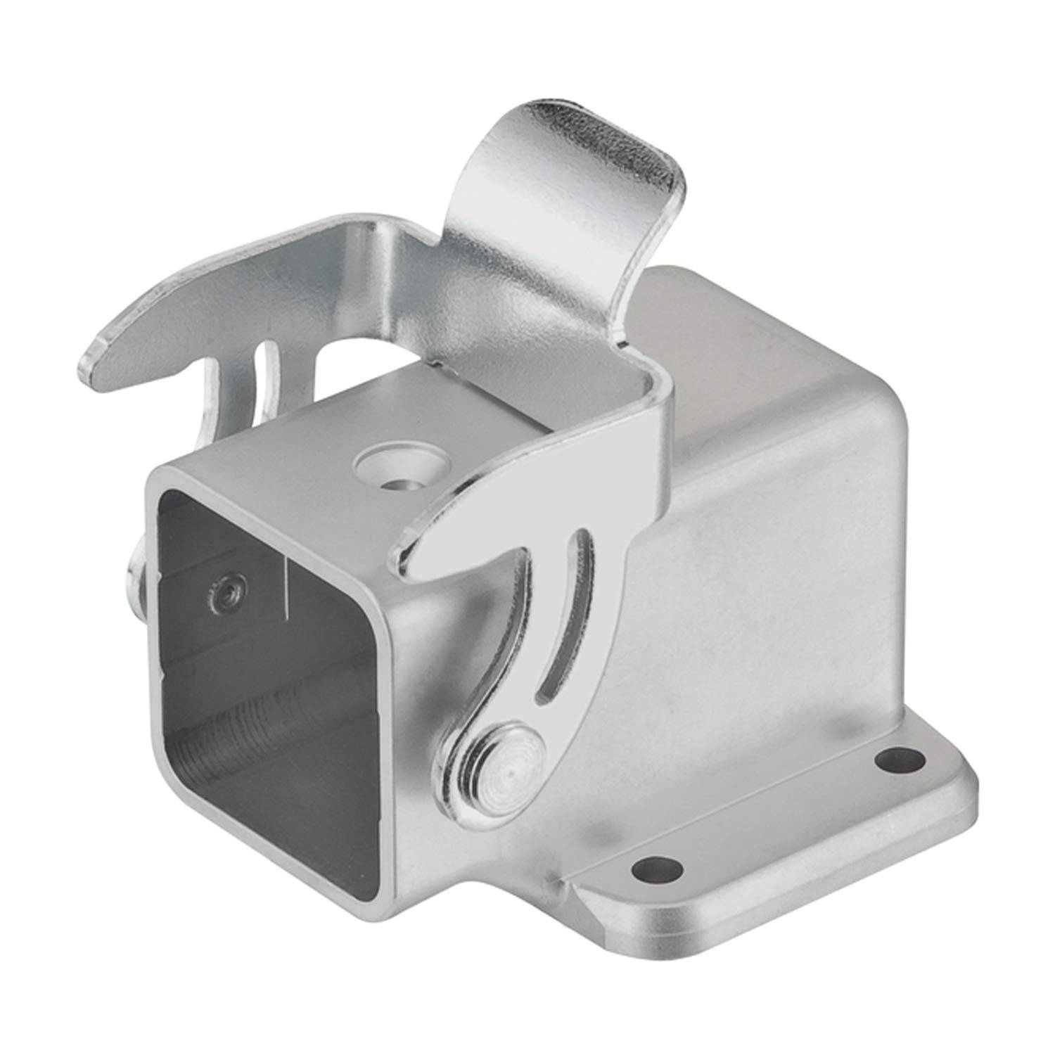 Metallhalterung mit quadratischer Öffnung, zwei Befestigungslöchern und verstellbarer Lasche oben. Geeignet zum Befestigen oder Halten von Objekten an Ort und Stelle.