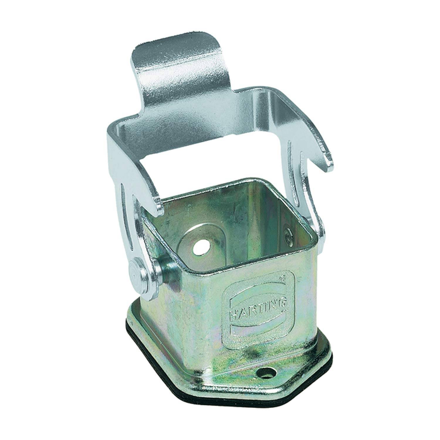 Ein metallisches Industriesteckverbinderteil mit einer Verriegelung, das für sichere elektrische Verbindungen verwendet wird und sein kompaktes und funktionales Design zeigt.