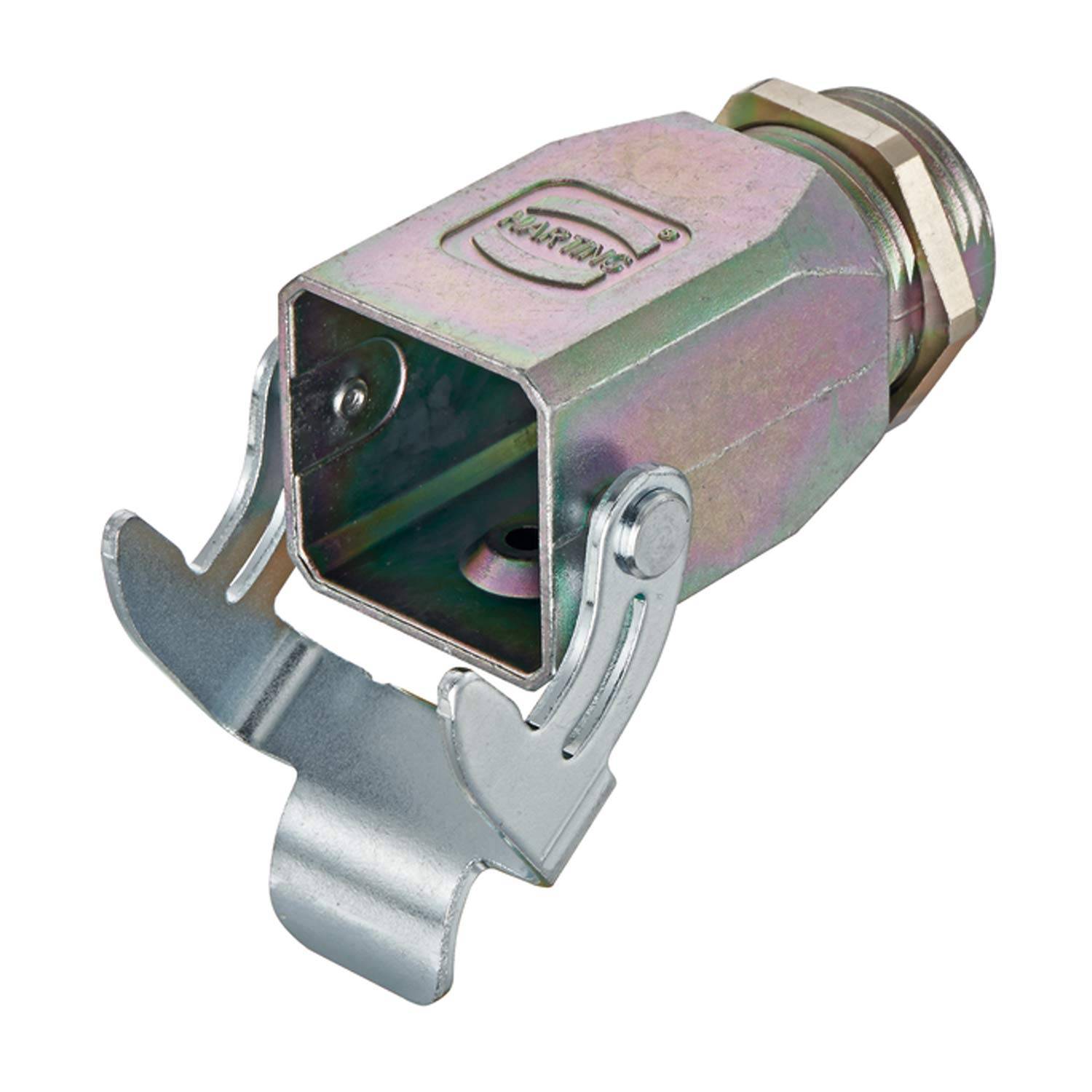 Metallische Elektrorohrkupplung mit quadratischer Öffnung und angebrachter Schelle, die für sichere Rohrbindungen in Elektroleitungssystemen verwendet wird.